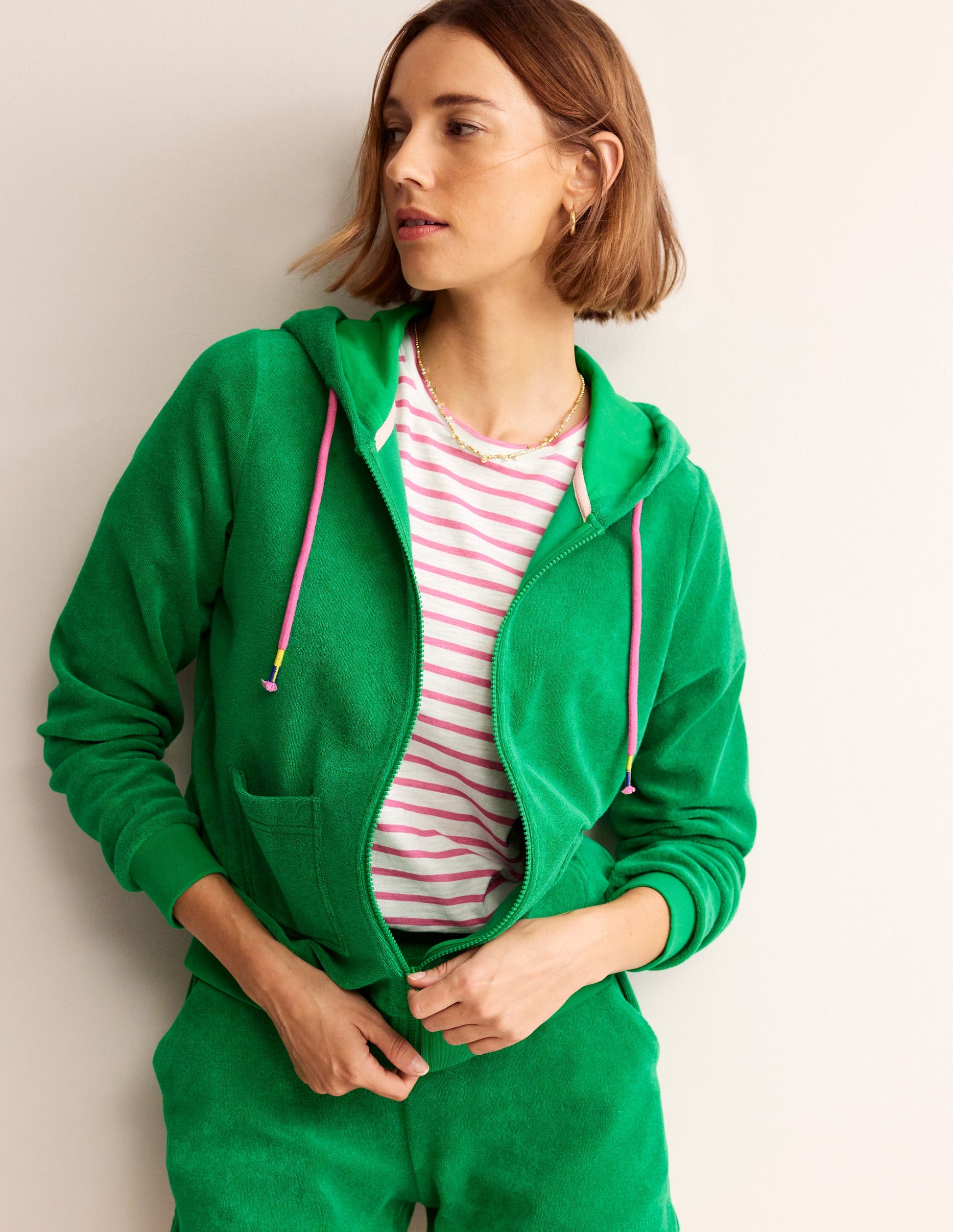 Zip Through Towelling Hoodie-Green Tambourine-1