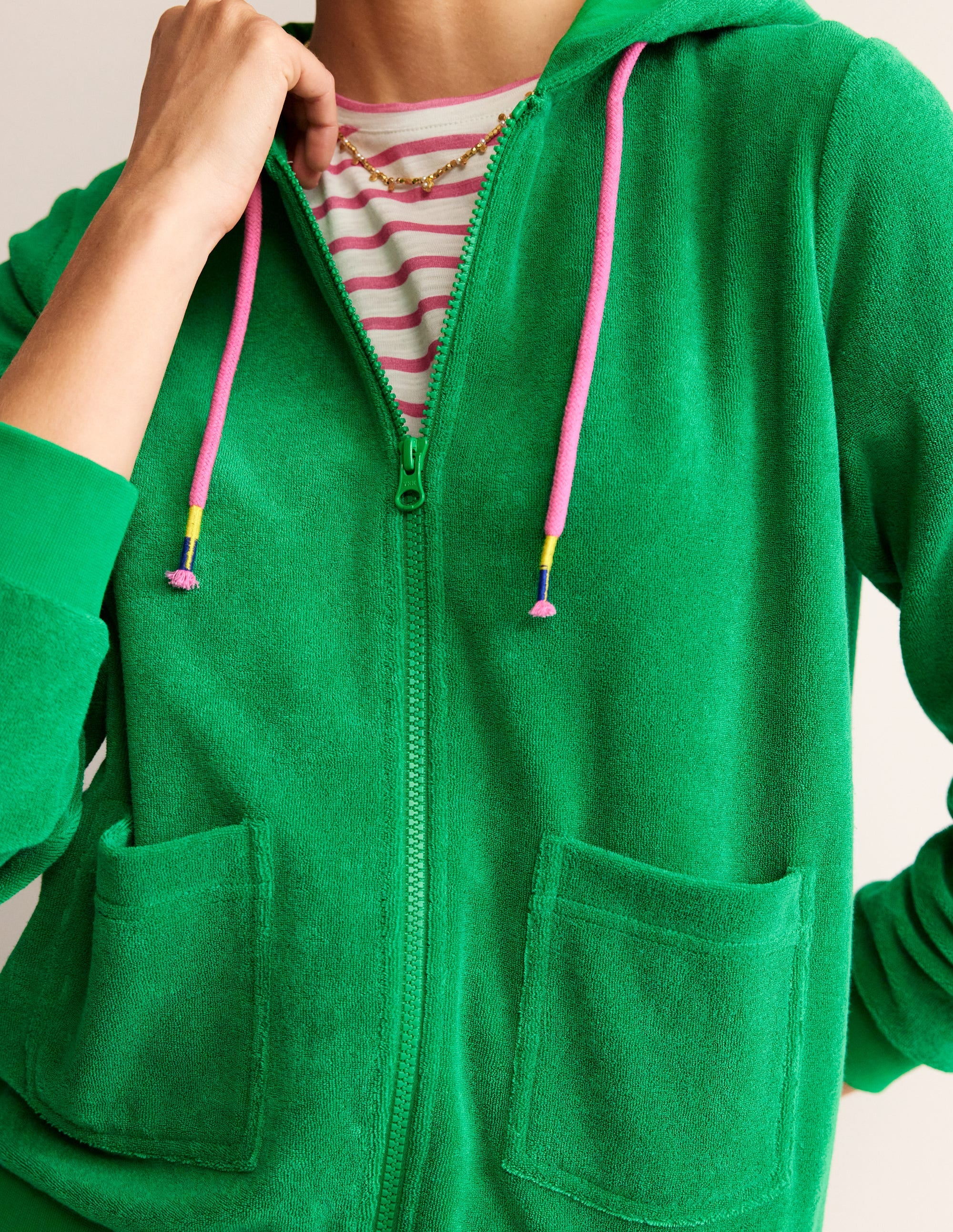 Zip Through Towelling Hoodie-Green Tambourine - Image 2