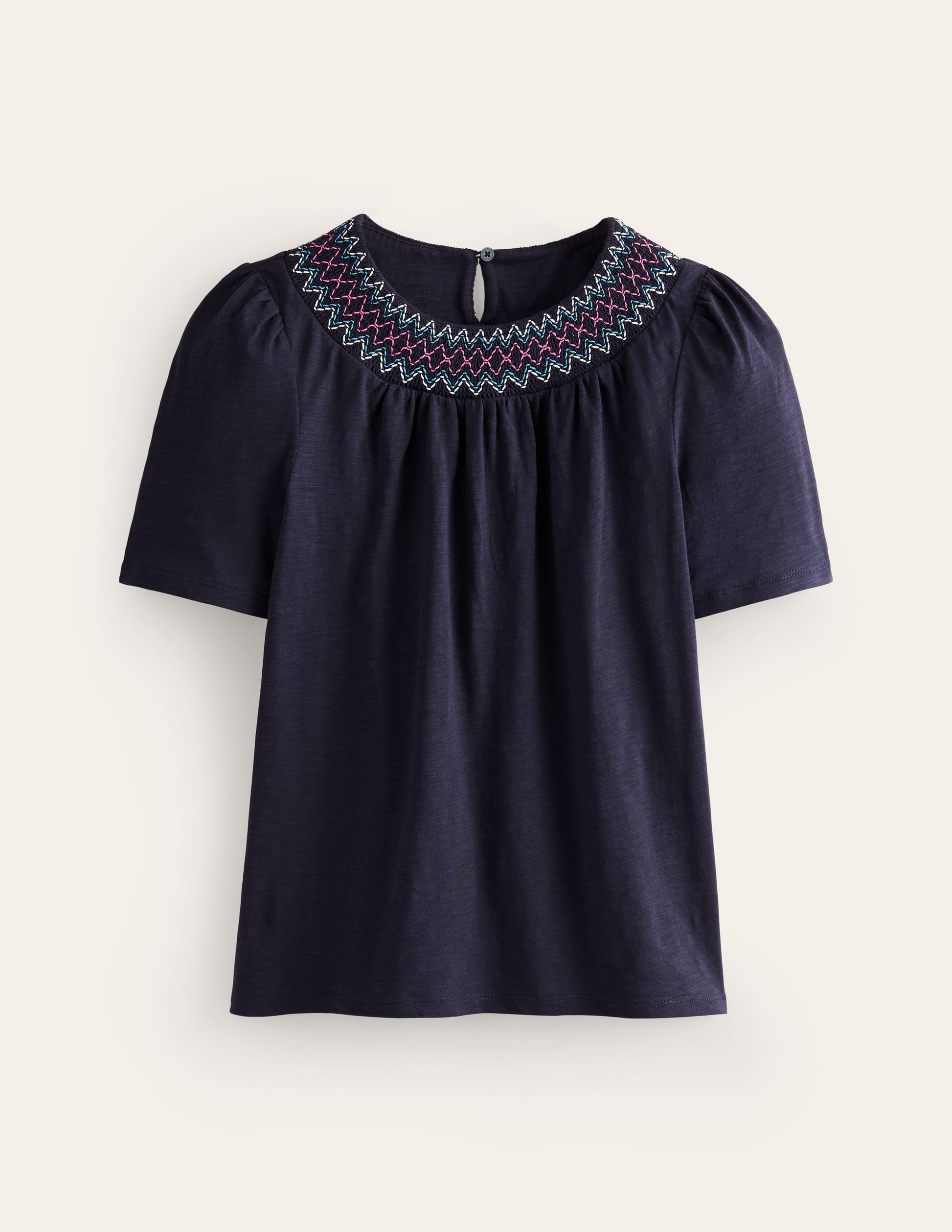 Smock Neck Puff Sleeve Top-Navy-5