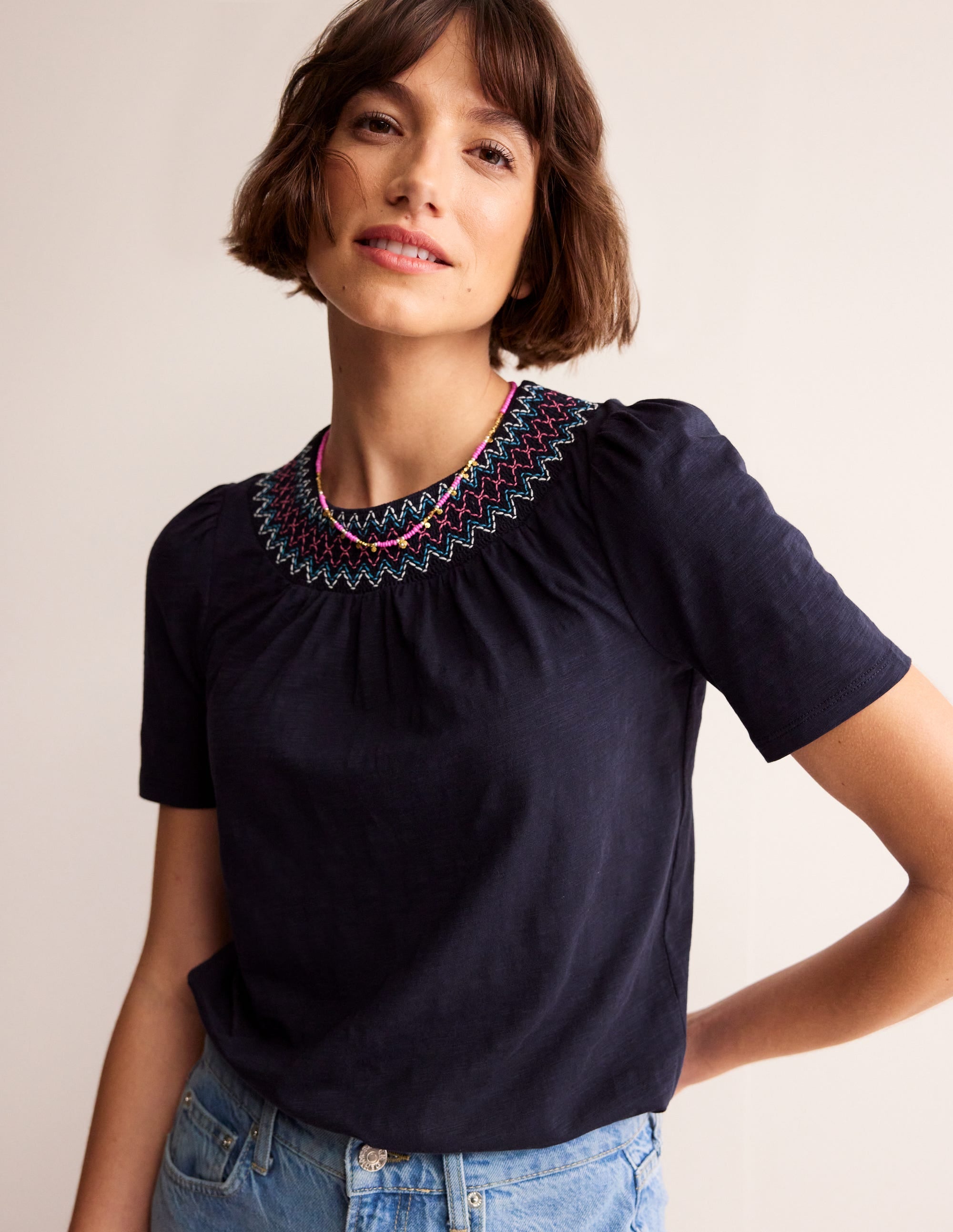 Smock Neck Puff Sleeve Top-Navy - Image 1