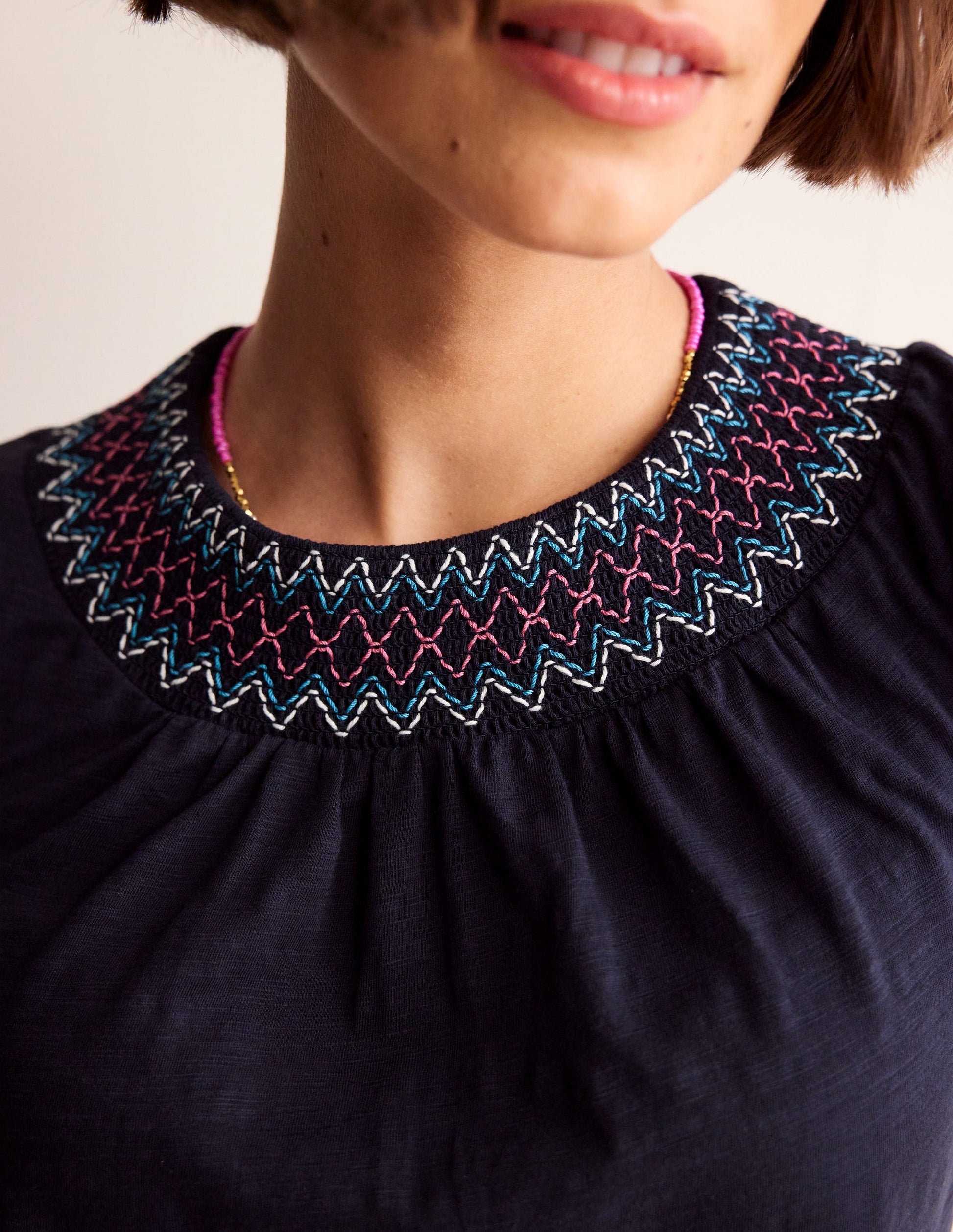 Smock Neck Puff Sleeve Top-Navy-2