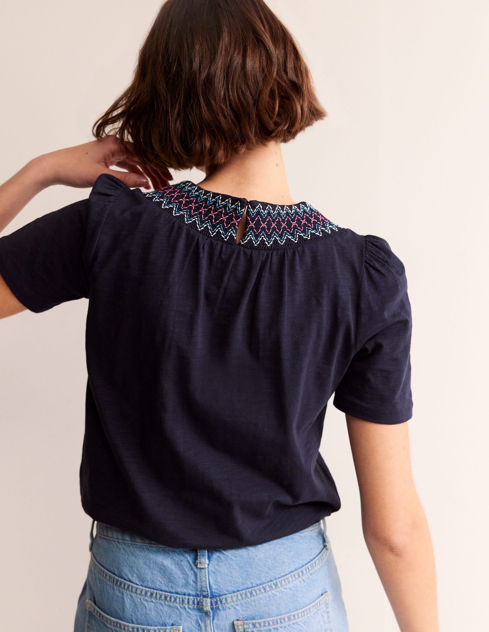 Smock Neck Puff Sleeve Top-Navy-3