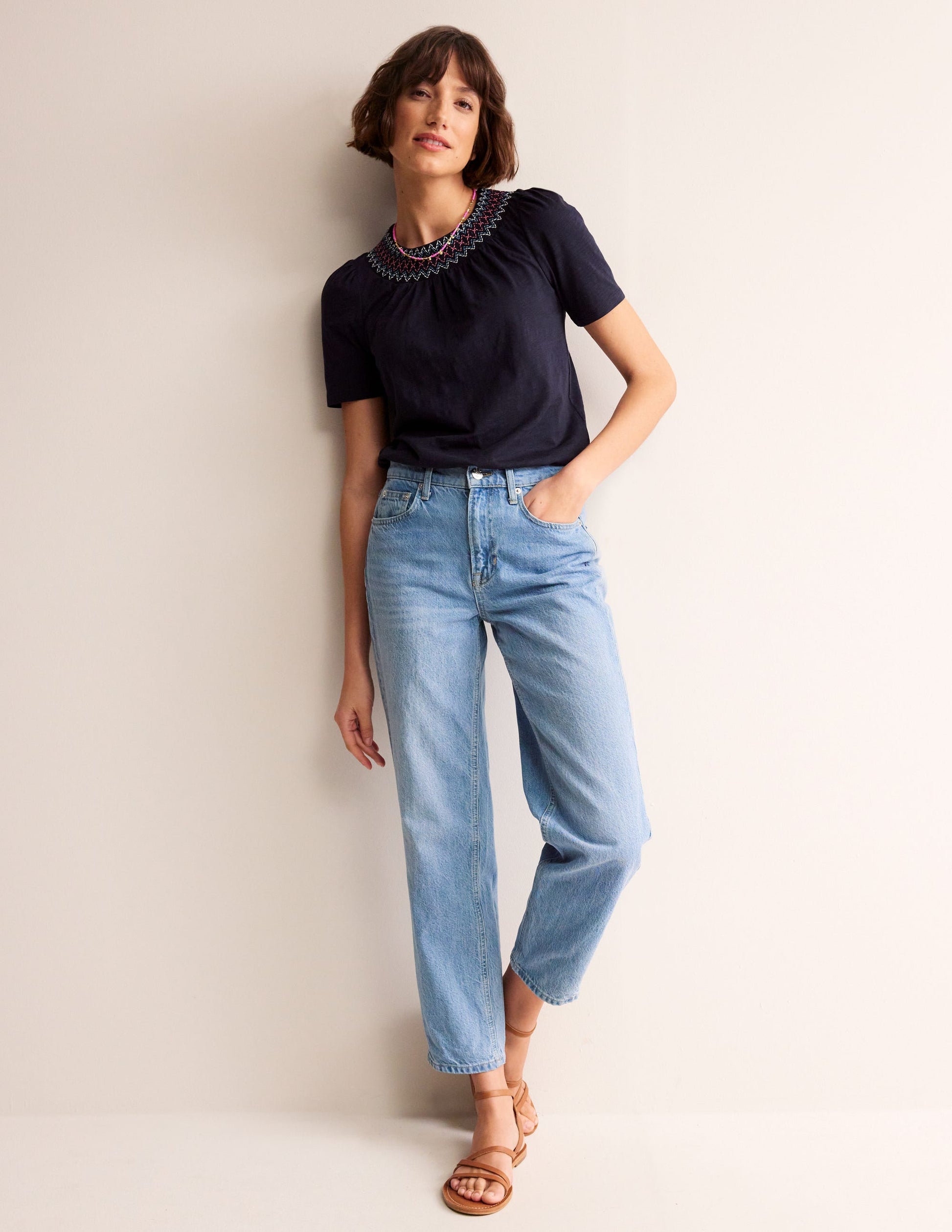 Smock Neck Puff Sleeve Top-Navy-4