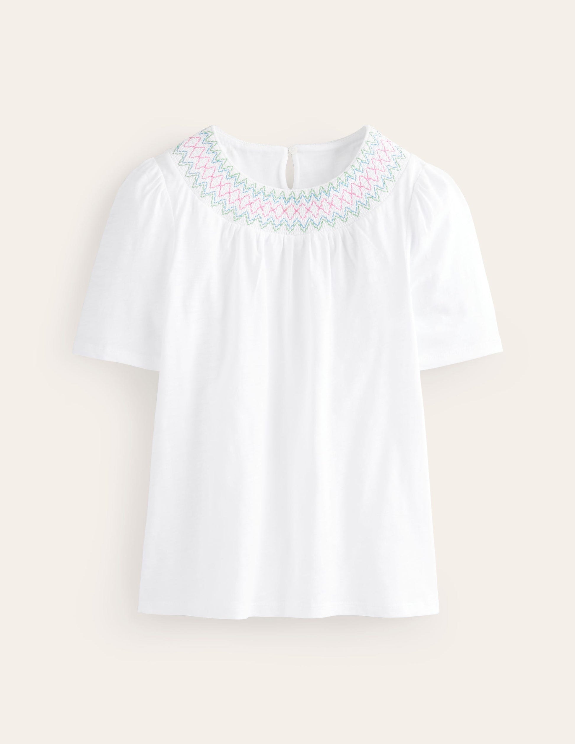 Smock Neck Puff Sleeve Top-White-5