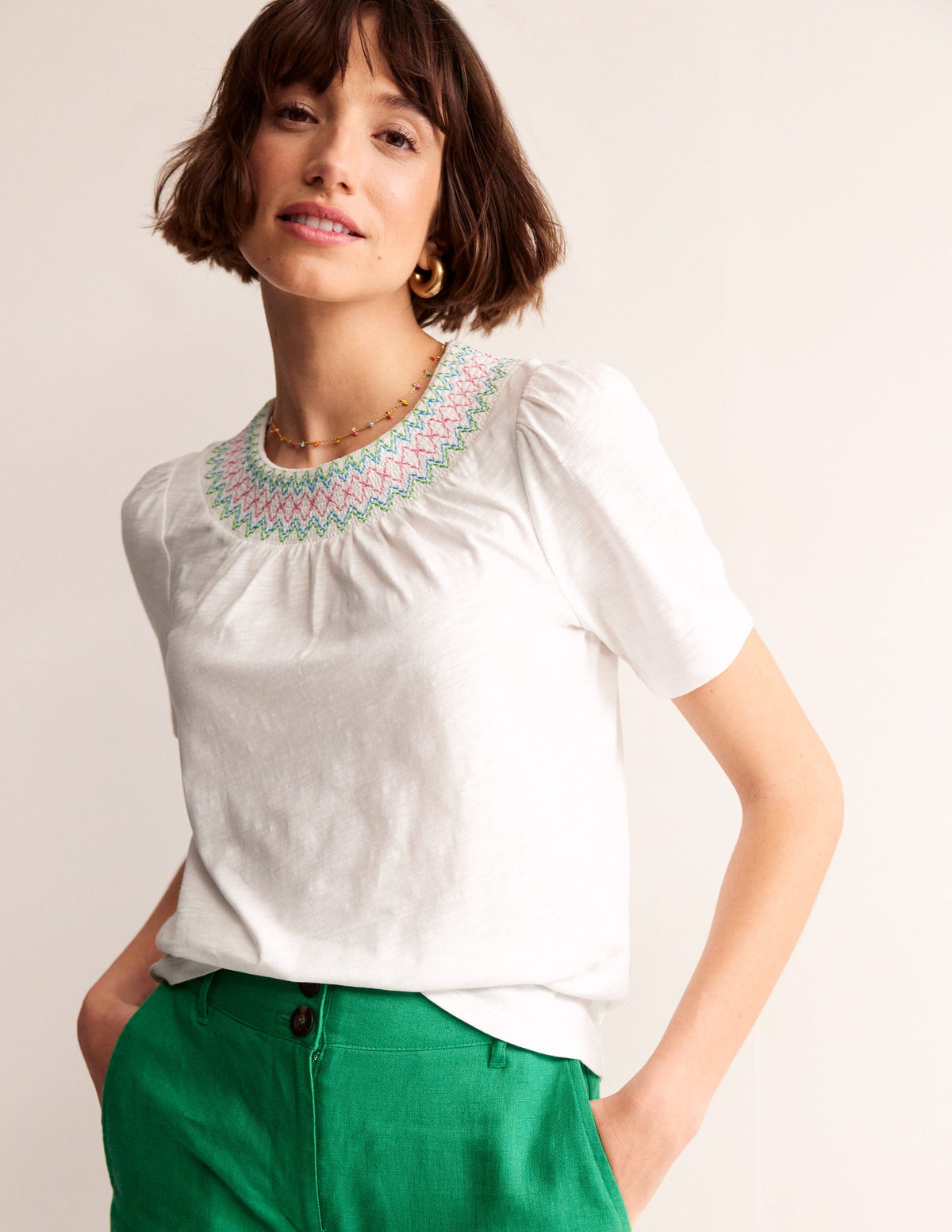 Smock Neck Puff Sleeve Top-White - Image 1