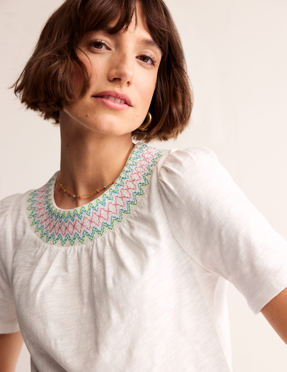 Smock Neck Puff Sleeve Top-White - Image 2
