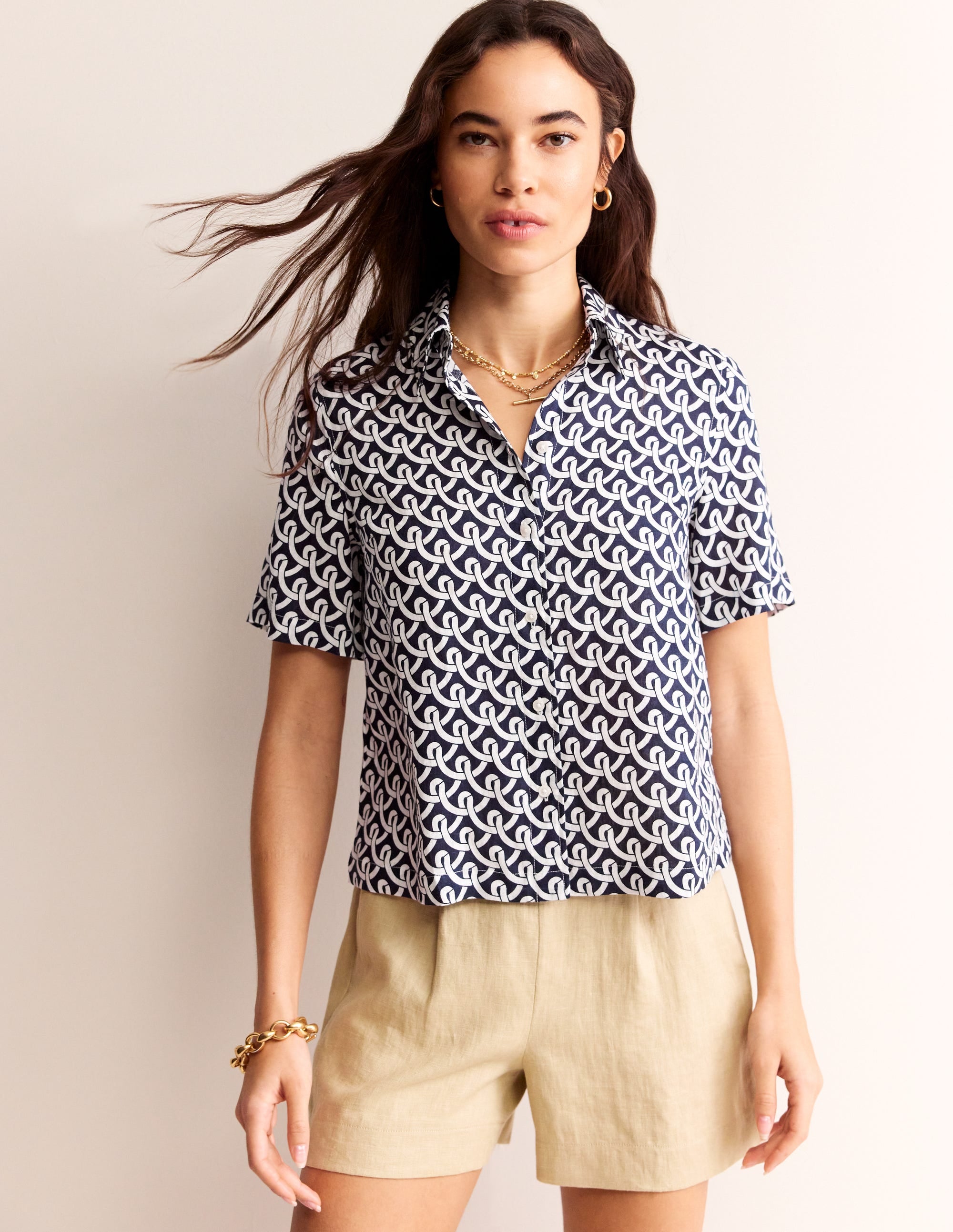 Hazel Short Sleeve Linen Shirt-Navy, Geo Terrace - Image 1