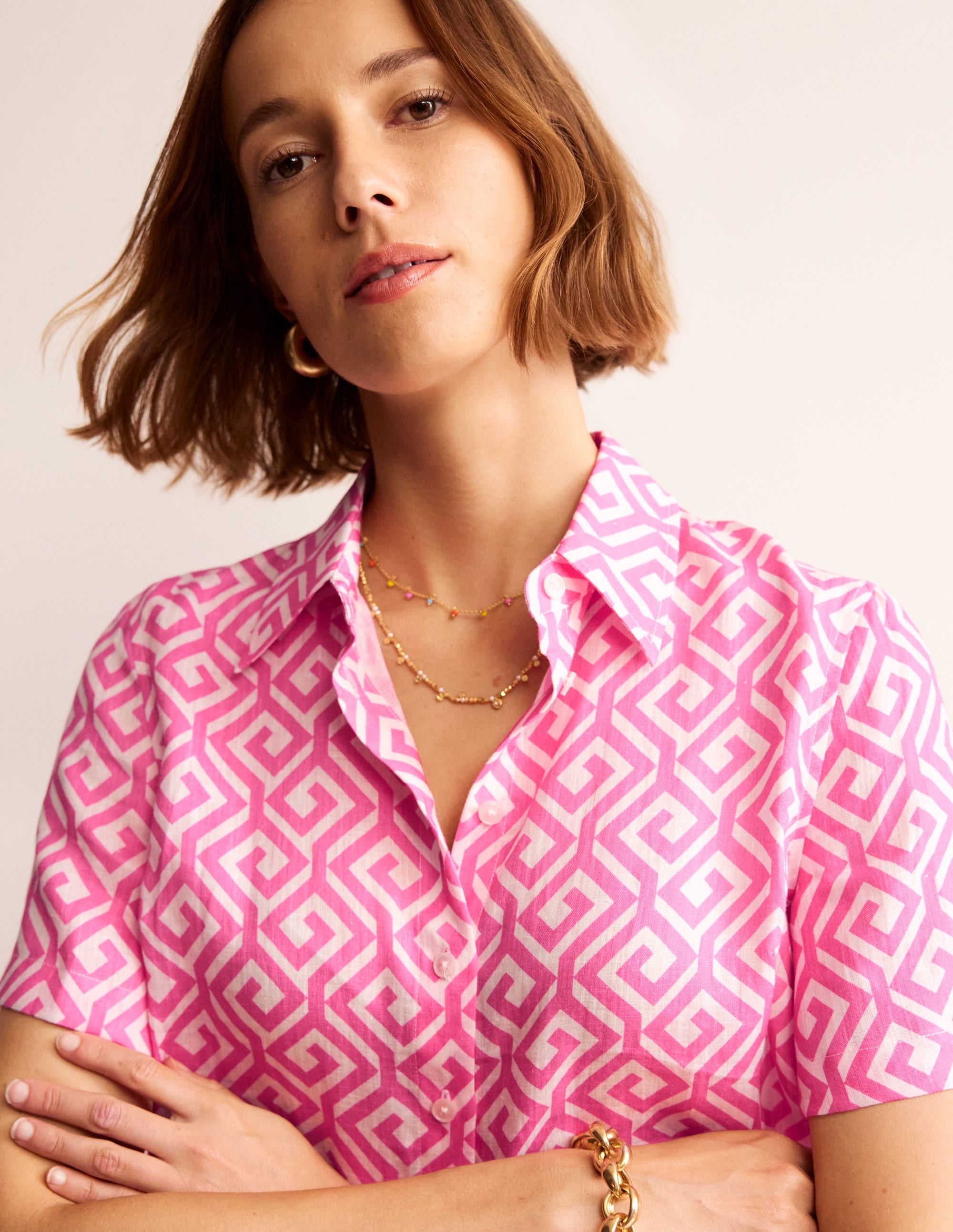 Hazel Short Sleeve Linen Shirt-Pink Power, Maze - Image 2