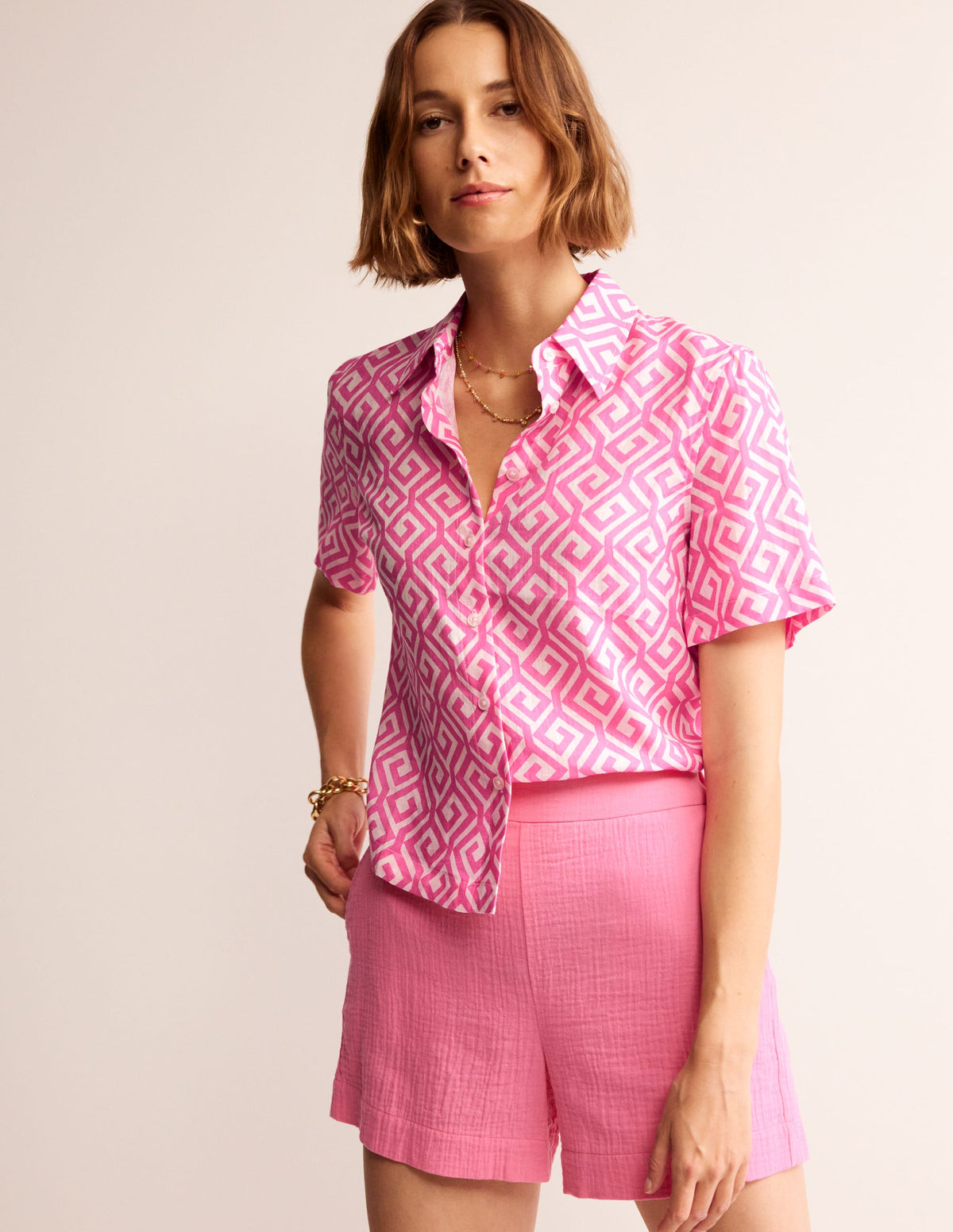 Hazel Short Sleeve Linen Shirt-Pink Power, Maze - Image 4