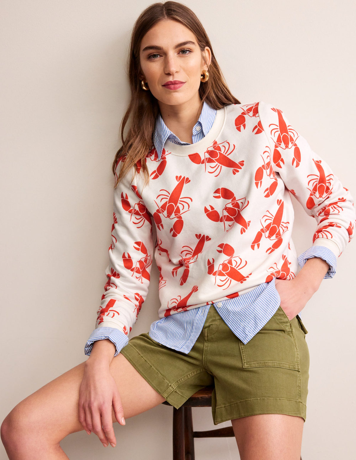 Hannah Printed Sweatshirt-Ivory, Lobster-1