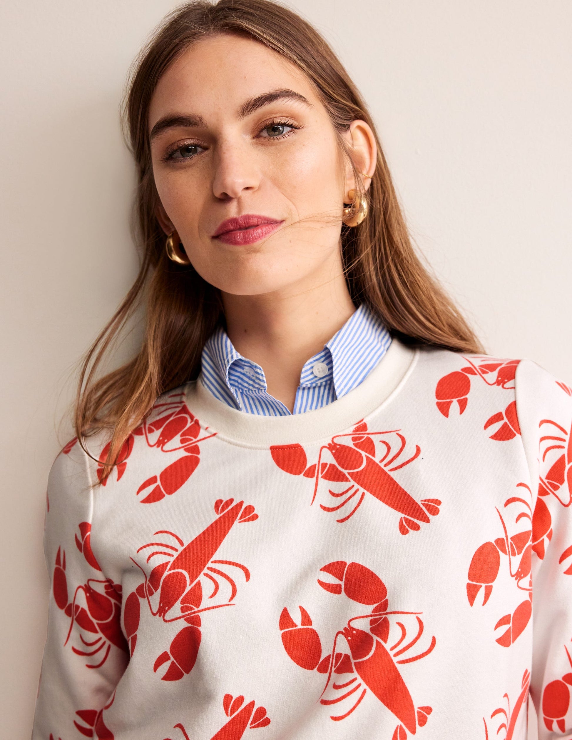 Hannah Printed Sweatshirt-Ivory, Lobster-2