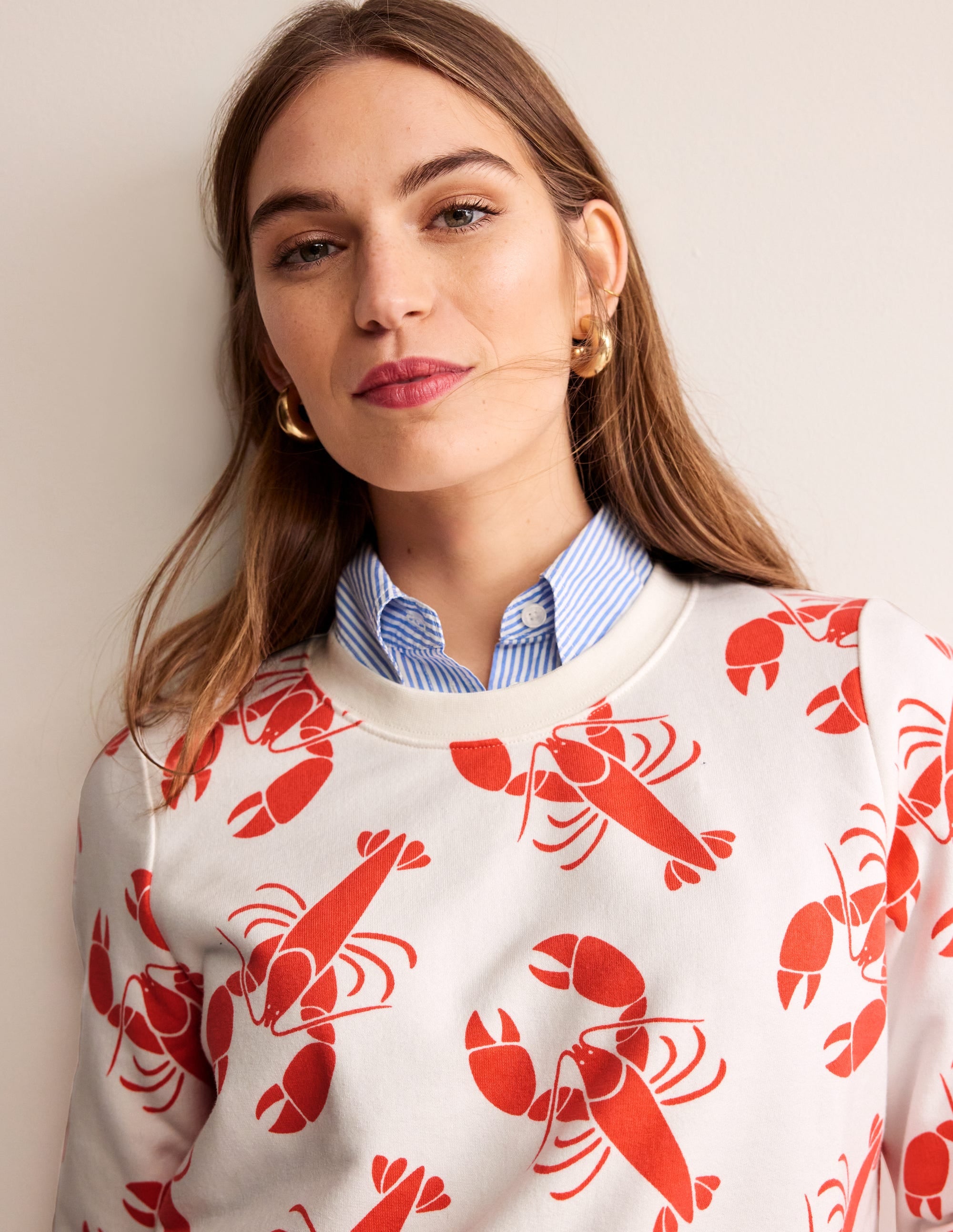 Hannah Printed Sweatshirt-Ivory, Lobster - Image 2
