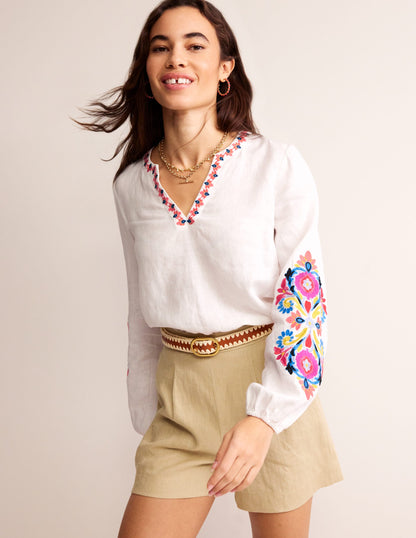 Bonnie Linen Top-White, Multi Floral-1