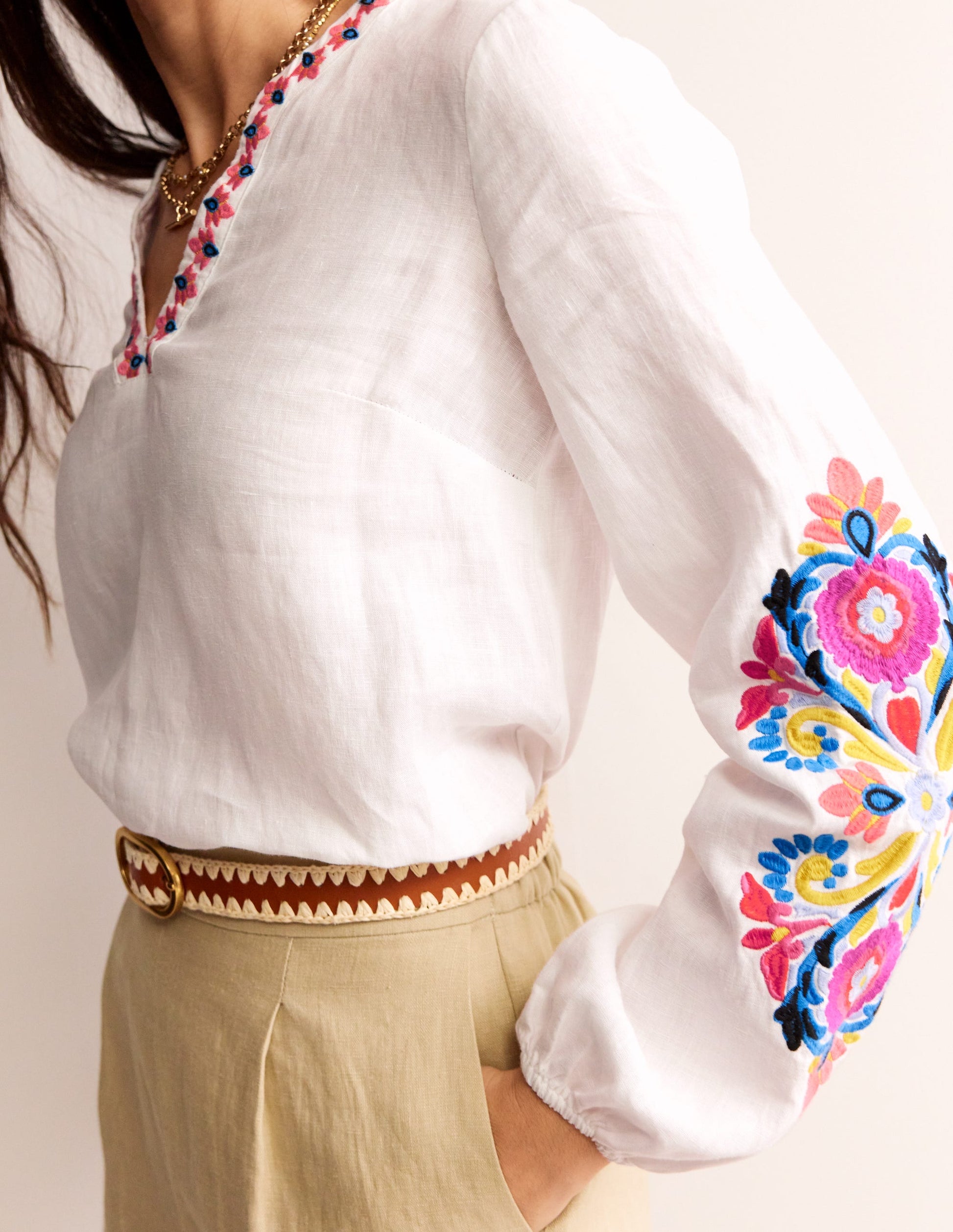 Bonnie Linen Top-White, Multi Floral-2