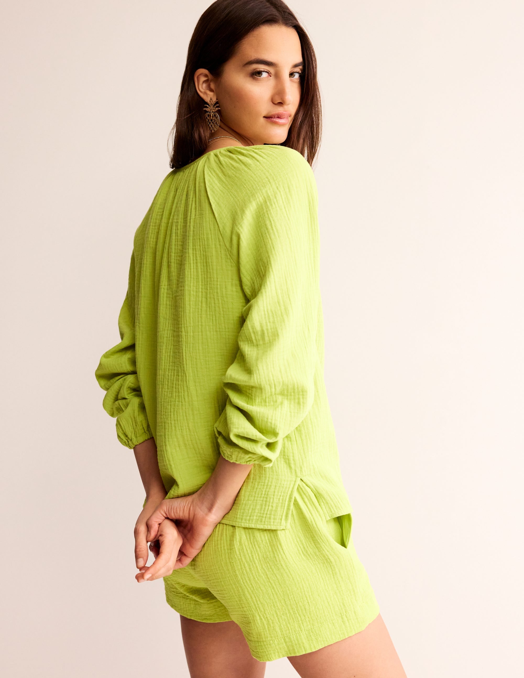 Doublecloth Blouson Sleeve Top-Bright Chartreuse - Image 3