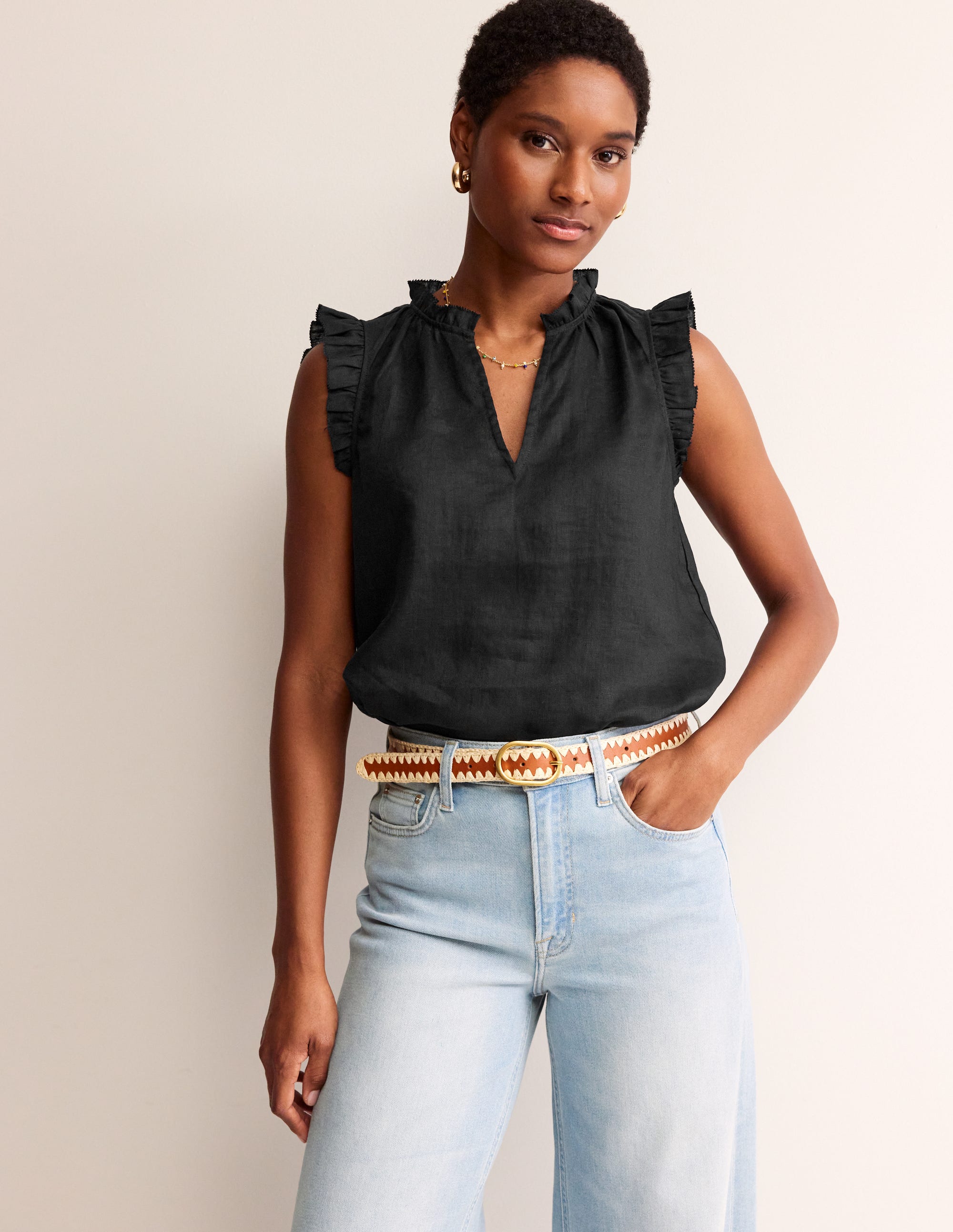Frill Sleeve Linen Notch Top-Black - Image 1