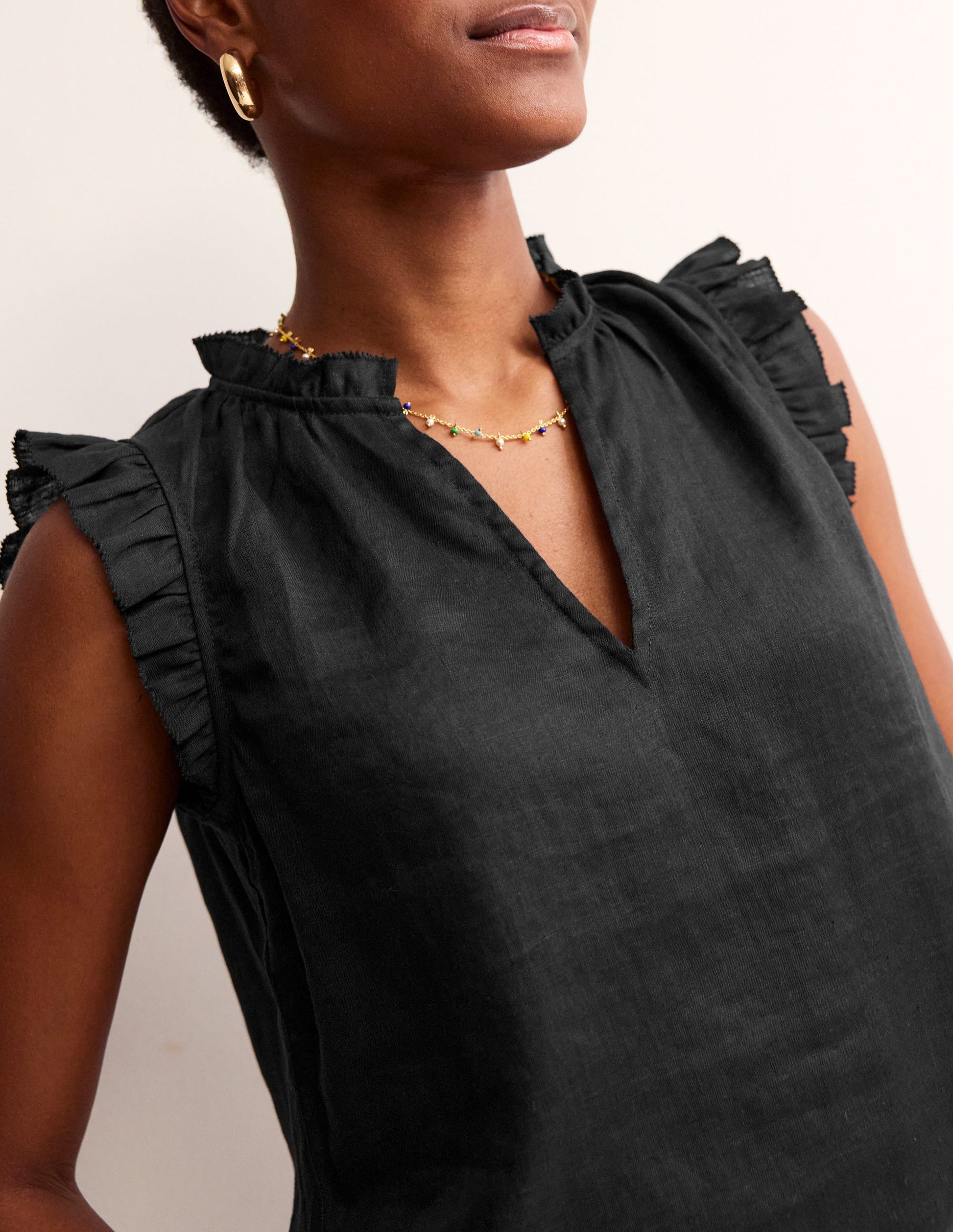 Frill Sleeve Linen Notch Top-Black-2