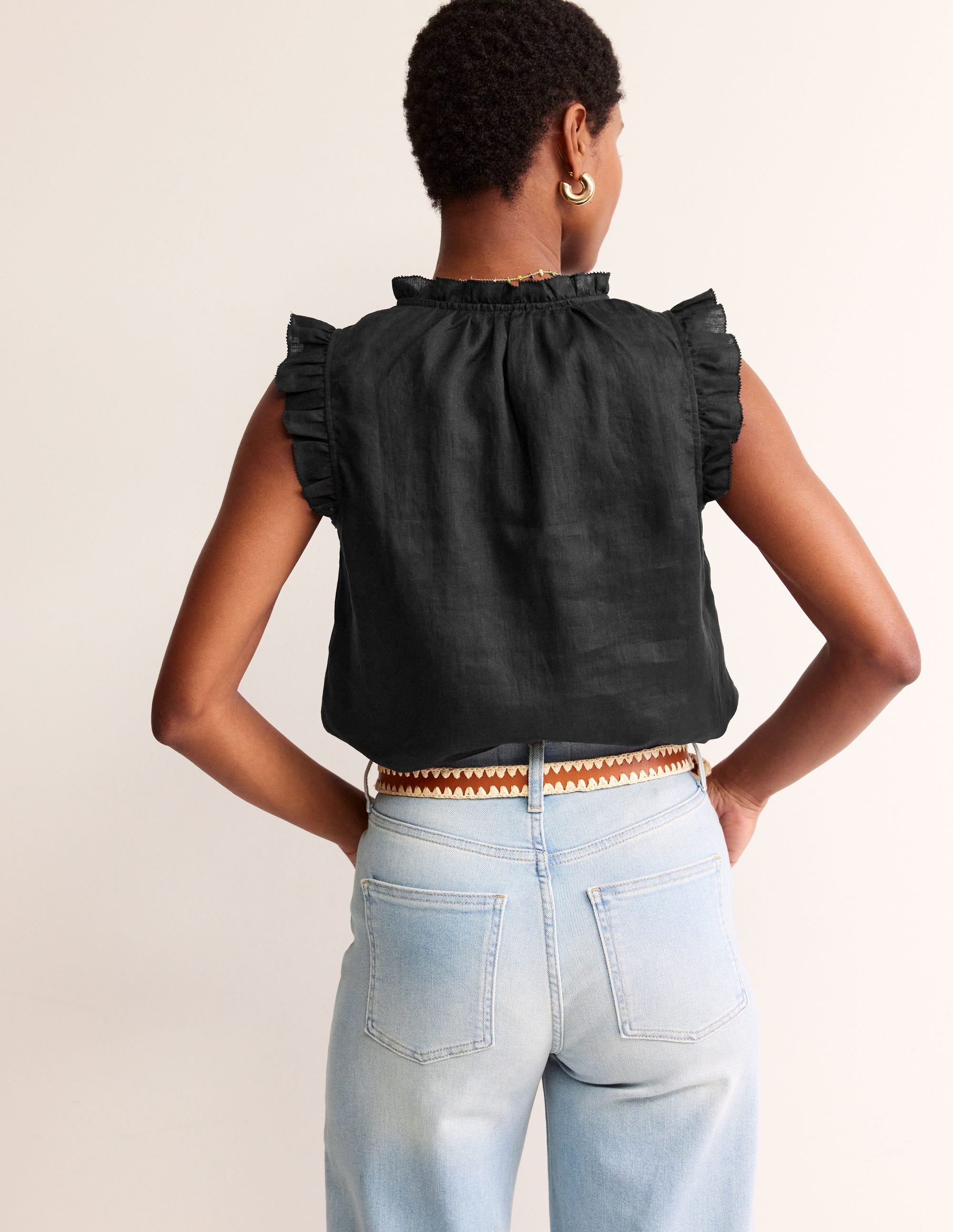 Frill Sleeve Linen Notch Top-Black - Image 3