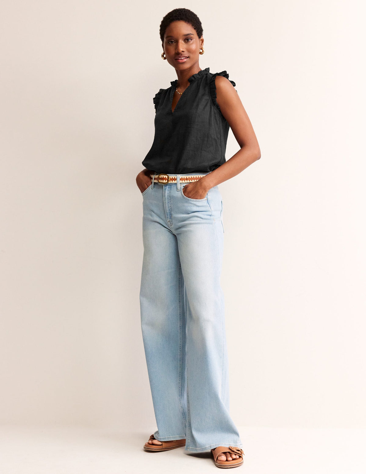 Frill Sleeve Linen Notch Top-Black - Image 4