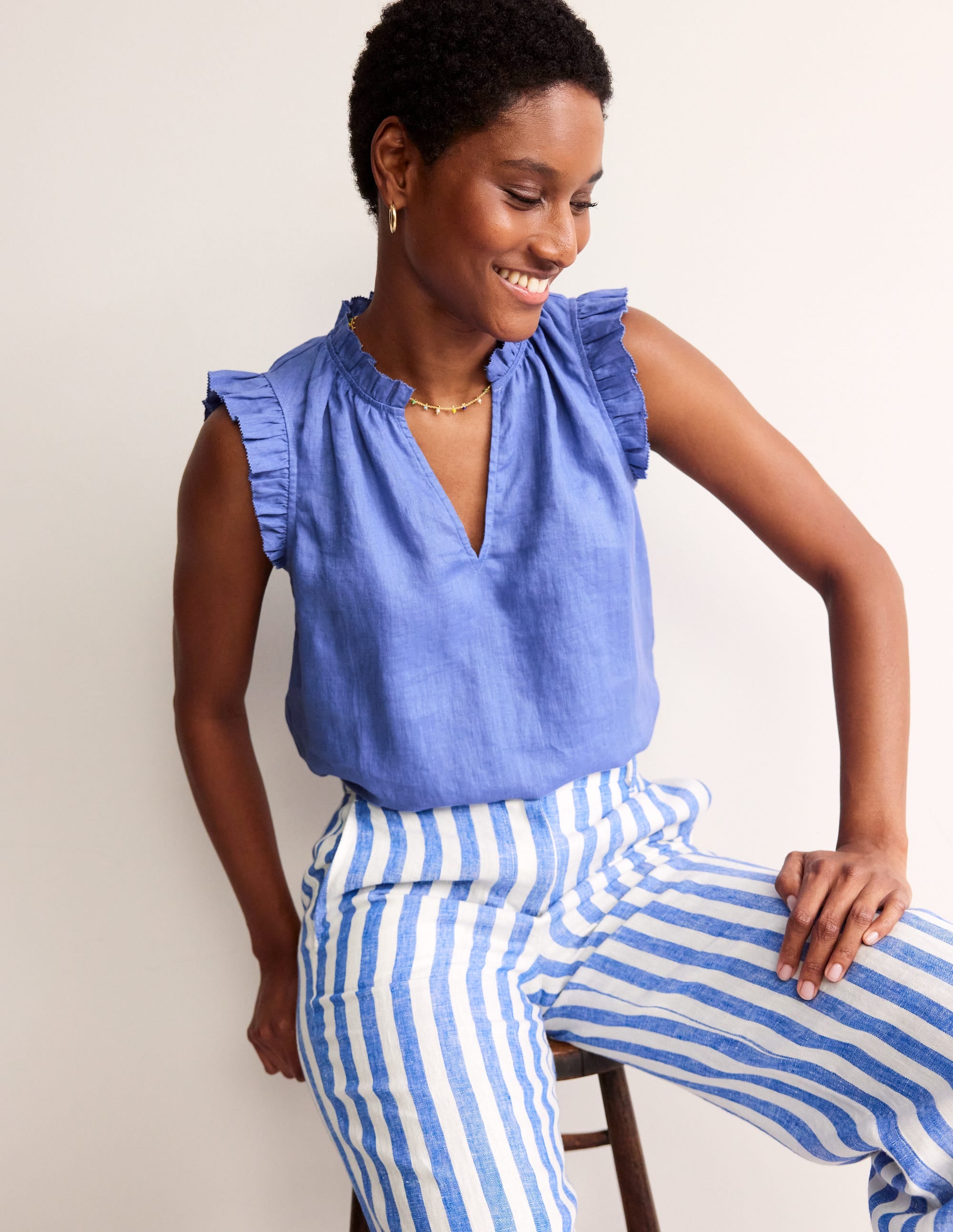 Frill Sleeve Linen Notch Top-Ebb & Flow - Image 1