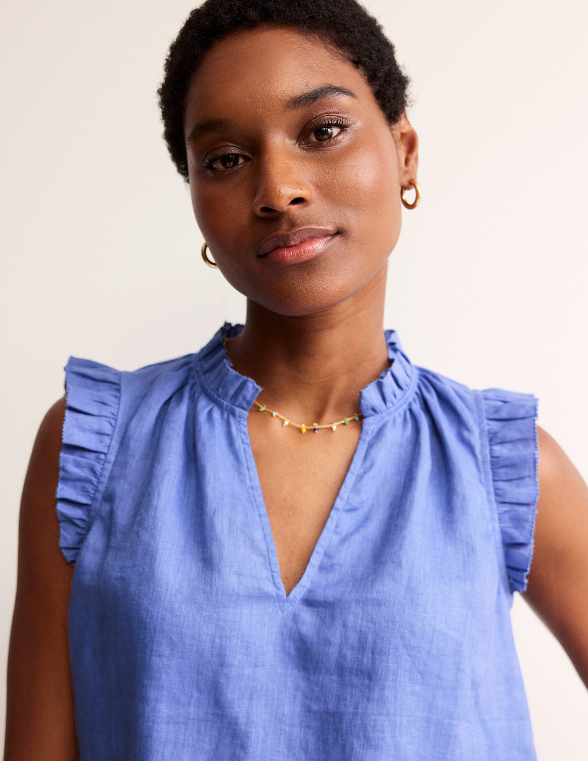 Frill Sleeve Linen Notch Top-Ebb & Flow - Image 2