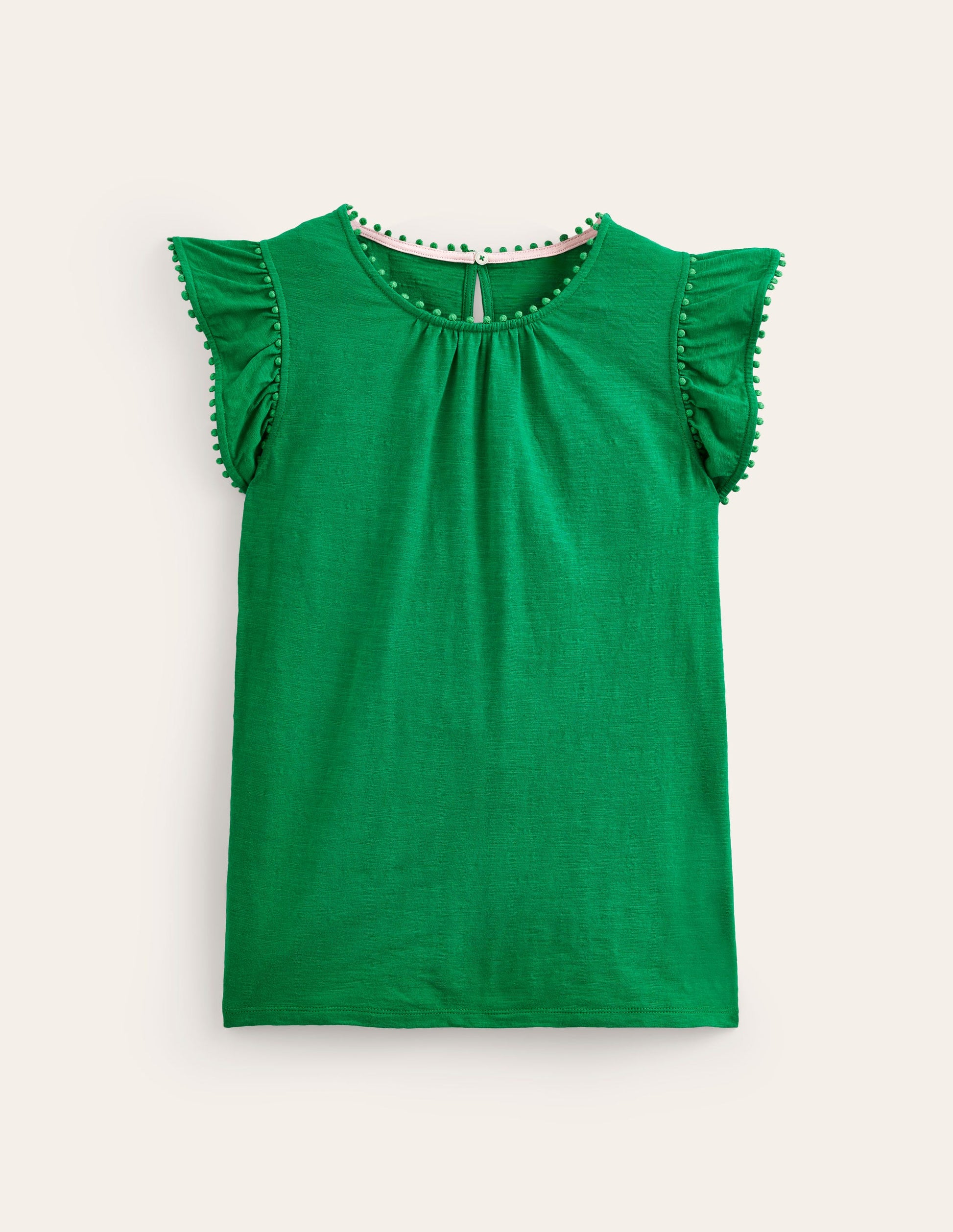 Pom Trim Ruffle Sleeve Top-Green Tambourine-5