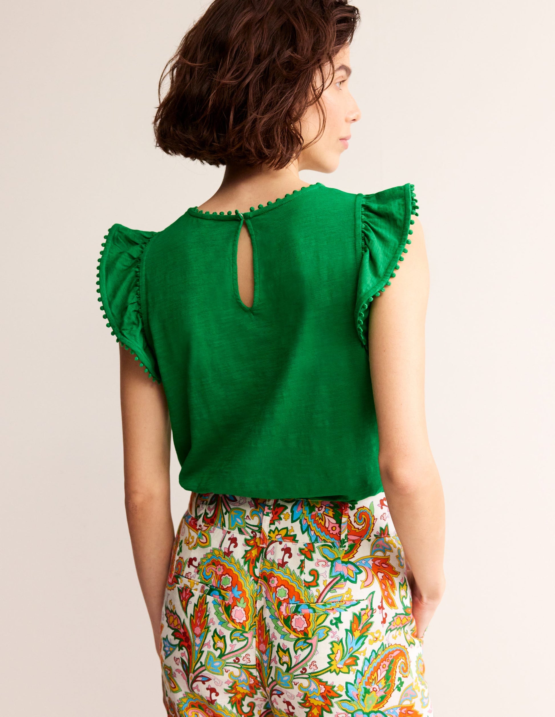 Pom Trim Ruffle Sleeve Top-Green Tambourine-3