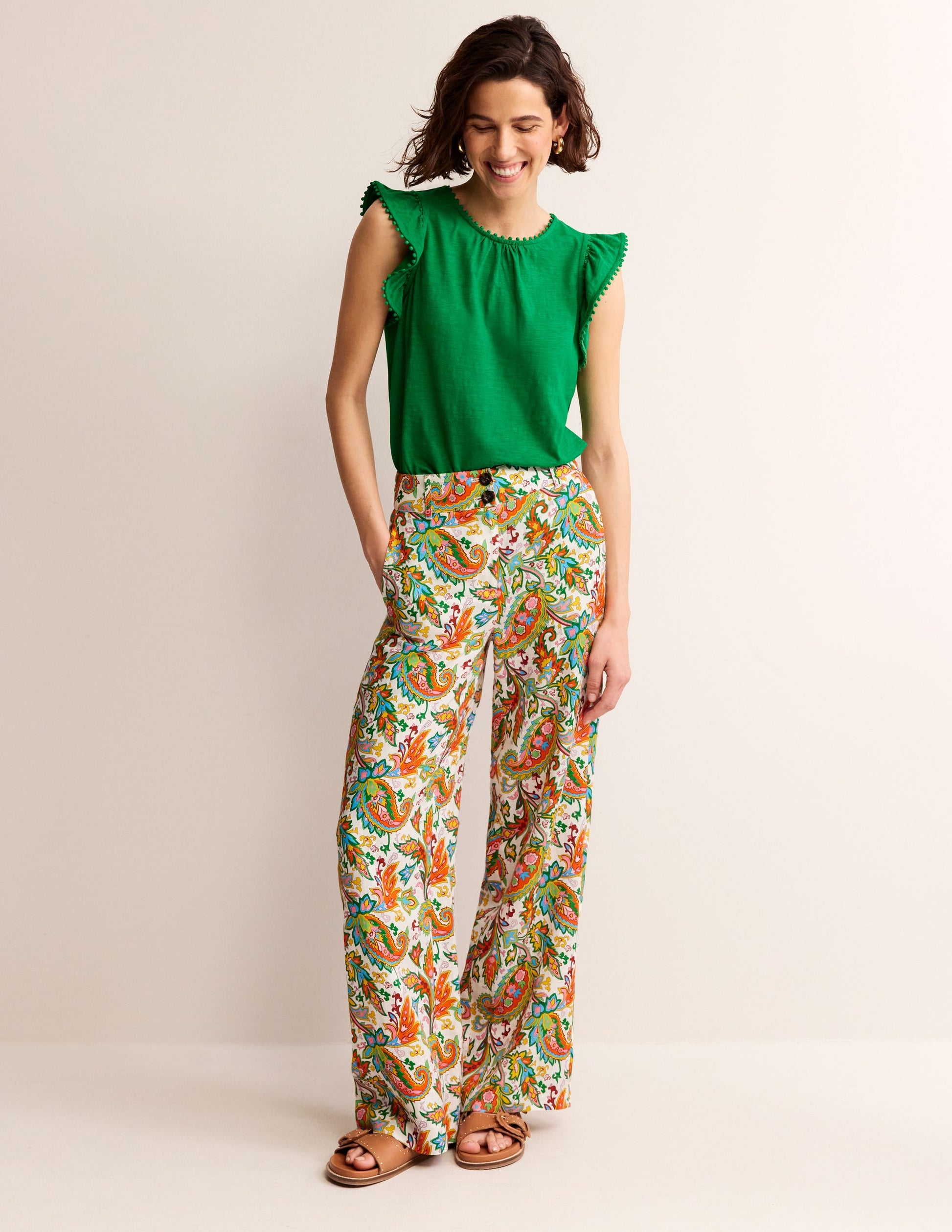 Pom Trim Ruffle Sleeve Top-Green Tambourine-4