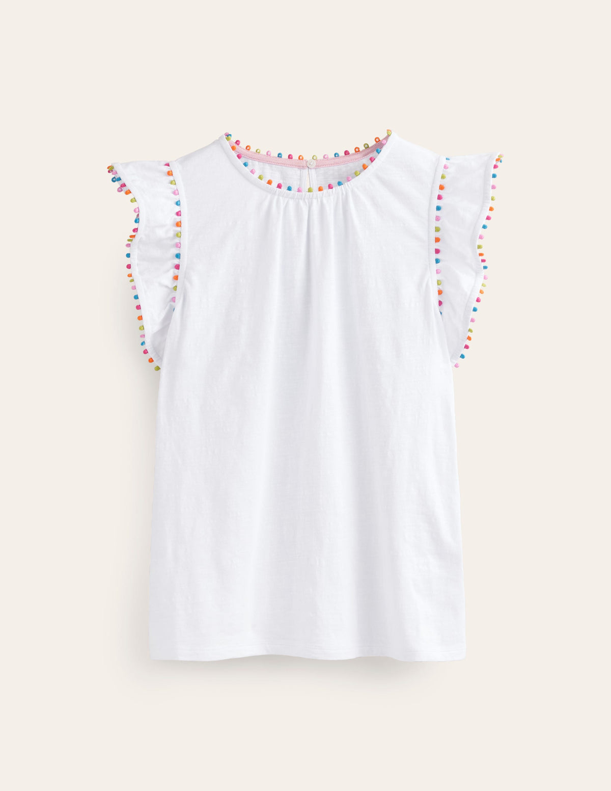 Pom Trim Ruffle Sleeve Top-White-5