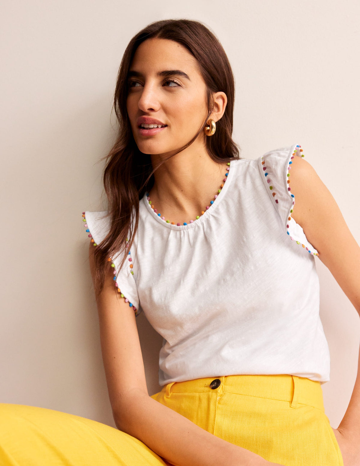 Pom Trim Ruffle Sleeve Top-White - Image 1
