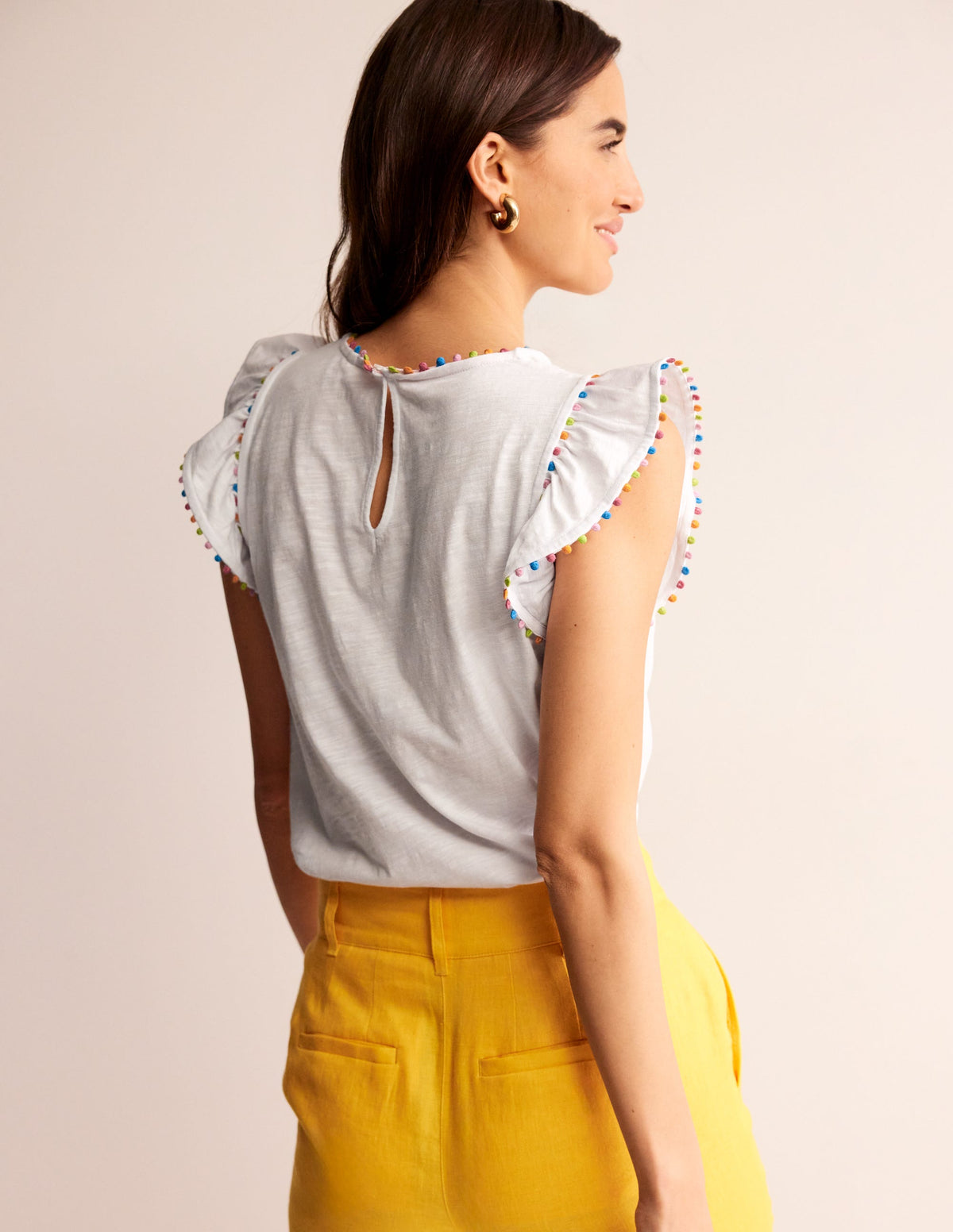 Pom Trim Ruffle Sleeve Top-White - Image 3