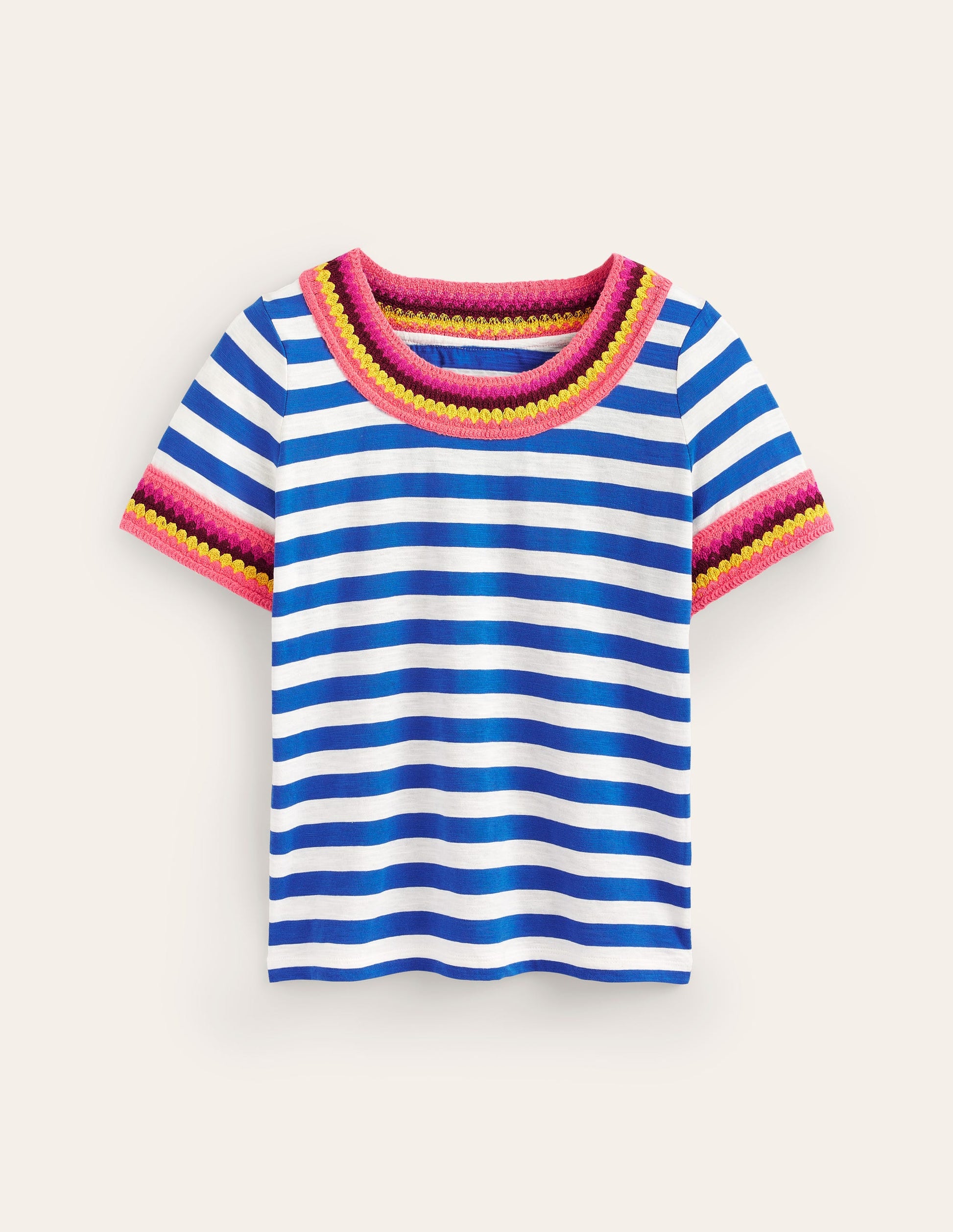 Crochet Crew Neck T-shirt-Blue, Ivory-6