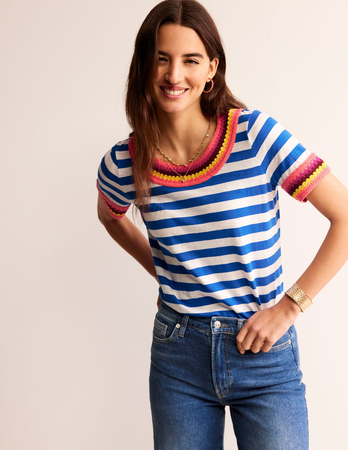 Crochet Crew Neck T-shirt-Blue, Ivory - Image 1