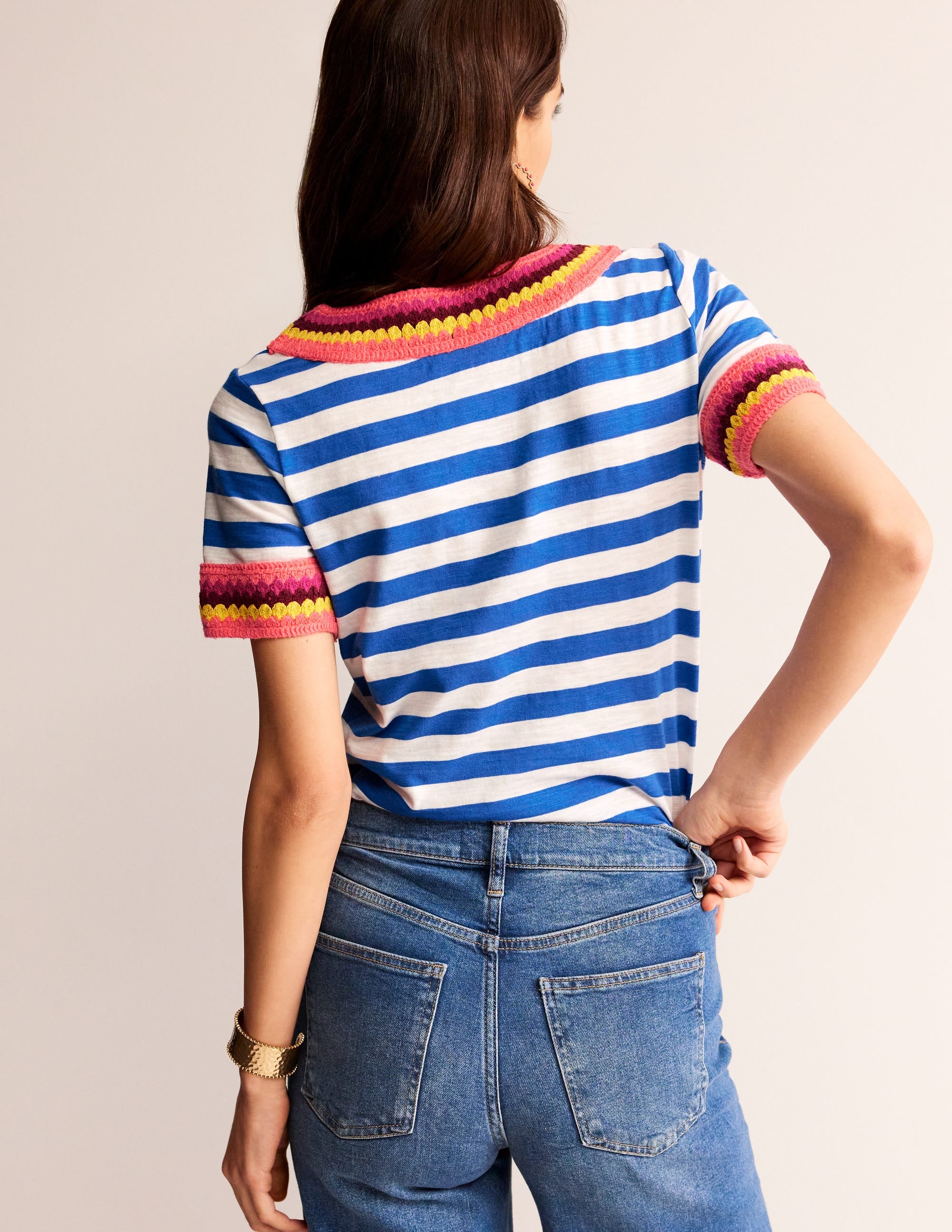 Crochet Crew Neck T-shirt-Blue, Ivory - Image 3