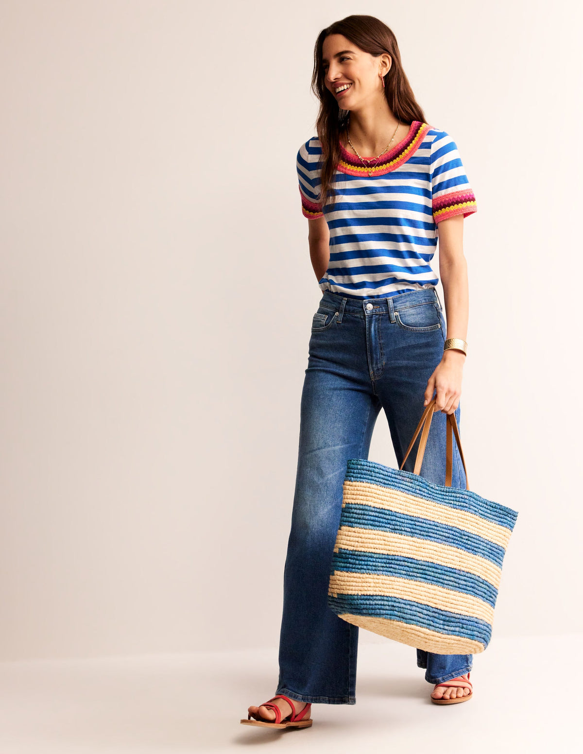 Crochet Crew Neck T-shirt-Blue, Ivory - Image 4