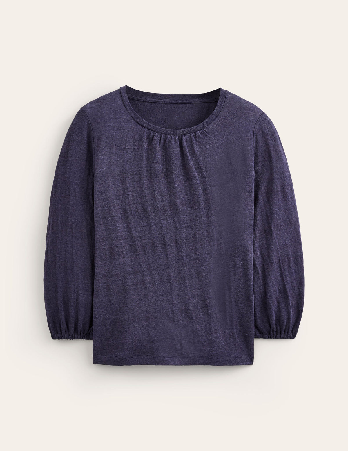 Gathered Neck Linen Jersey Top-Navy-5