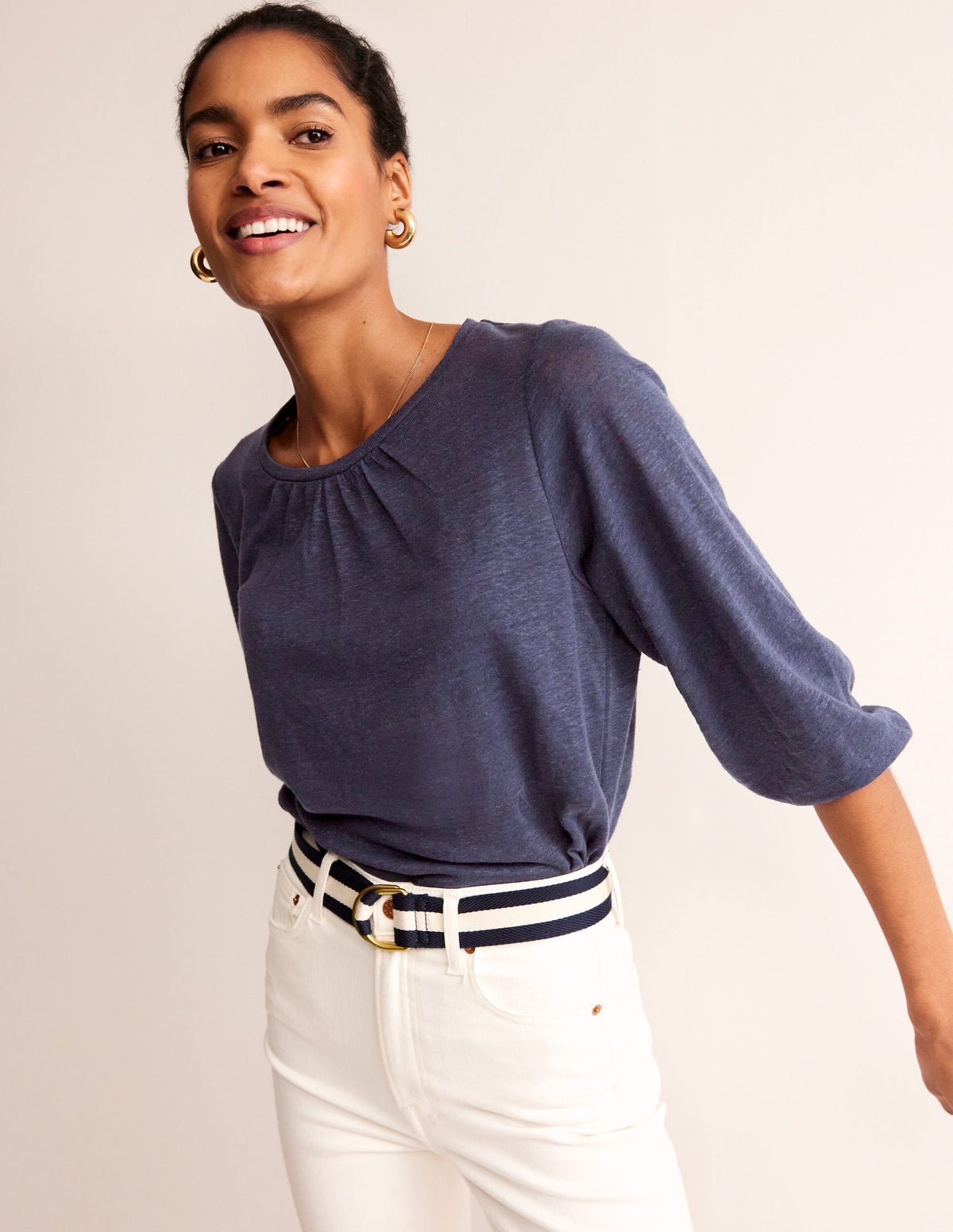 Gathered Neck Linen Jersey Top-Navy-1