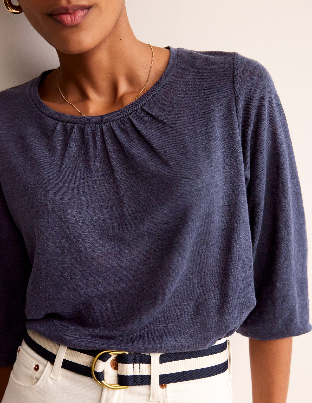 Gathered Neck Linen Jersey Top-Navy - Image 2