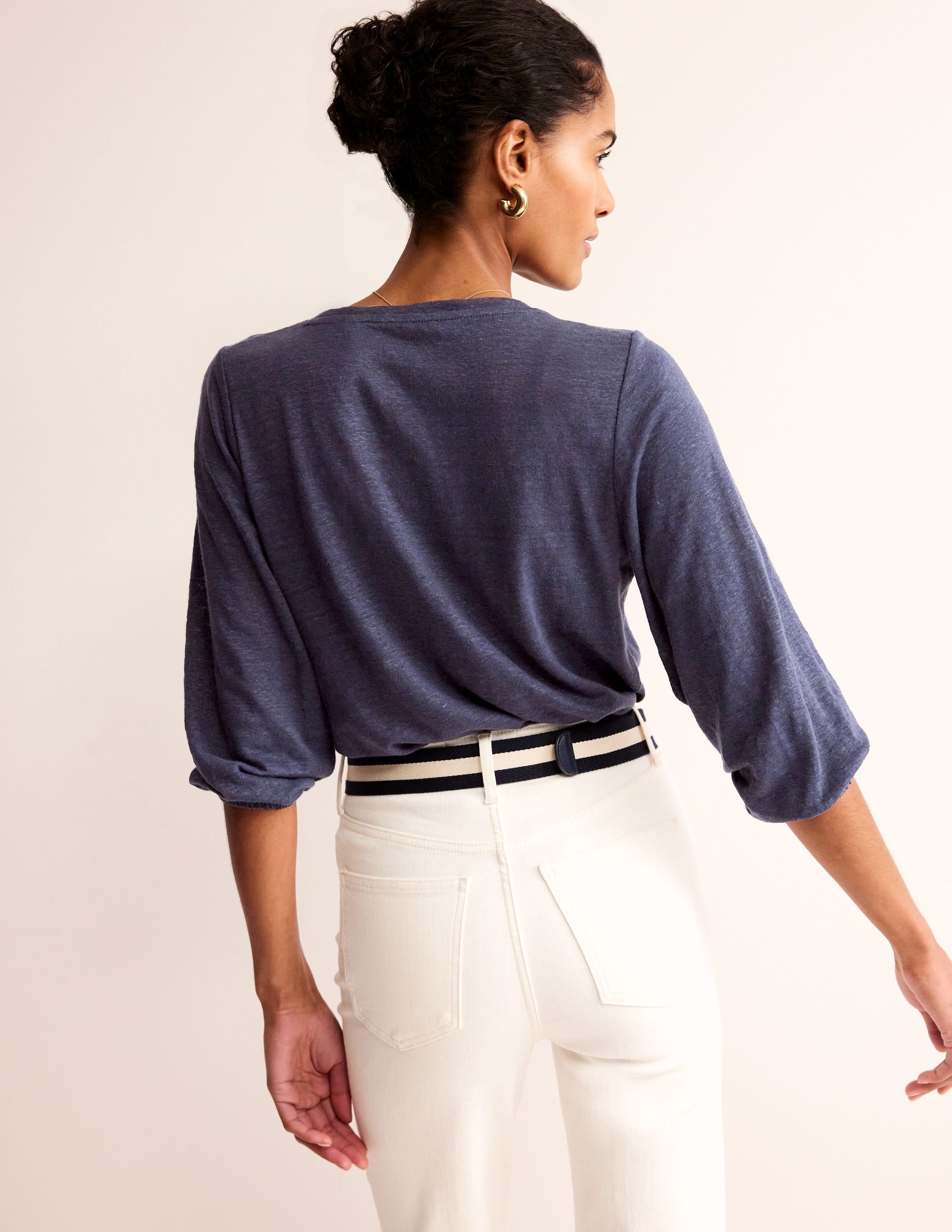 Gathered Neck Linen Jersey Top-Navy - Image 3