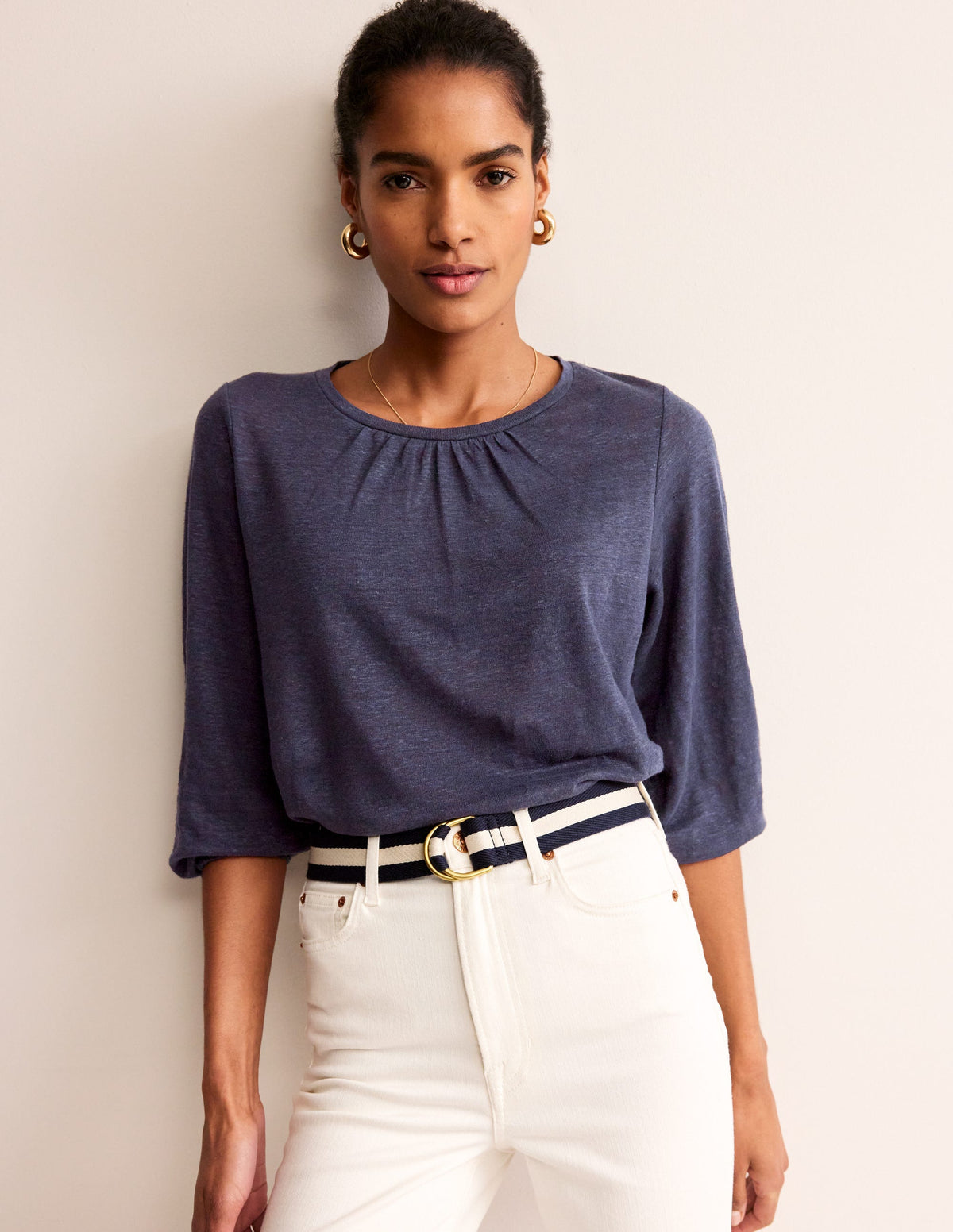 Gathered Neck Linen Jersey Top-Navy-4
