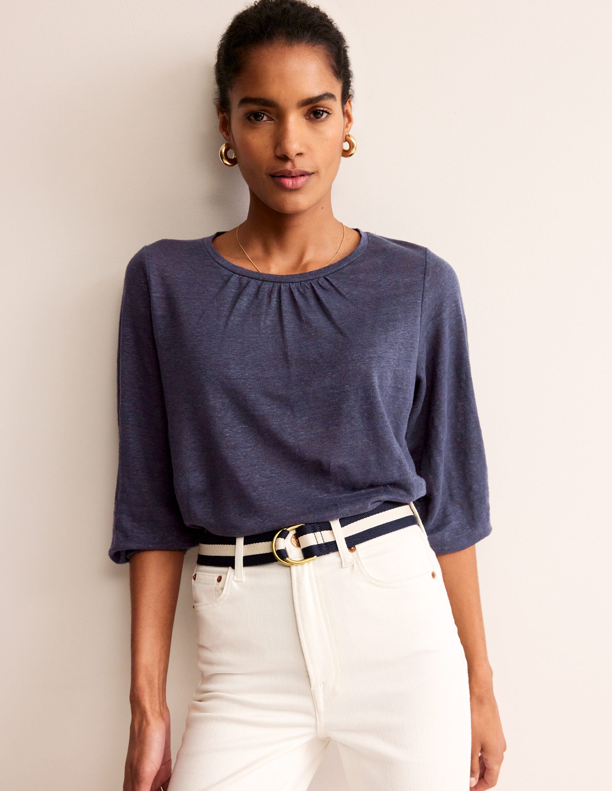 Gathered Neck Linen Jersey Top-Navy - Image 4