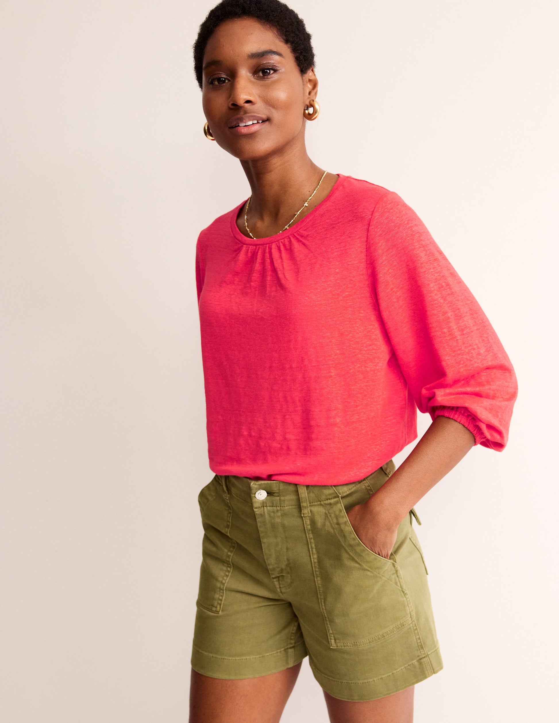 Gathered Neck Linen Jersey Top-Hibiscus-1