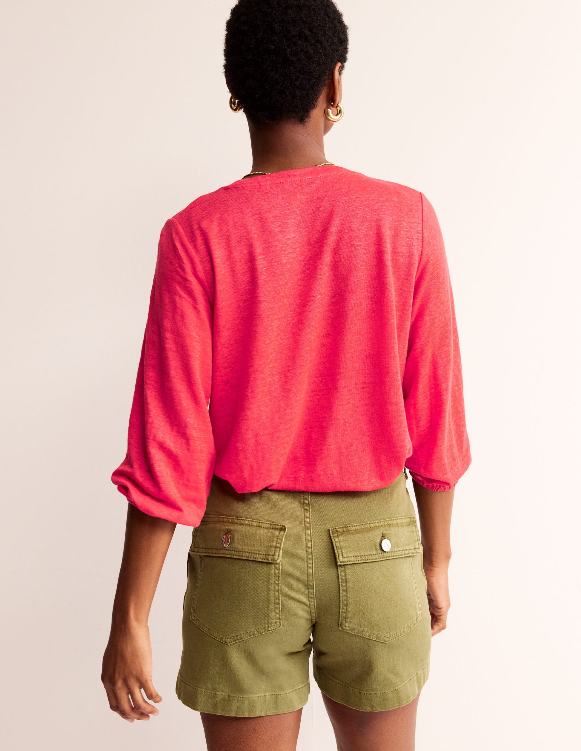 Gathered Neck Linen Jersey Top-Hibiscus-3