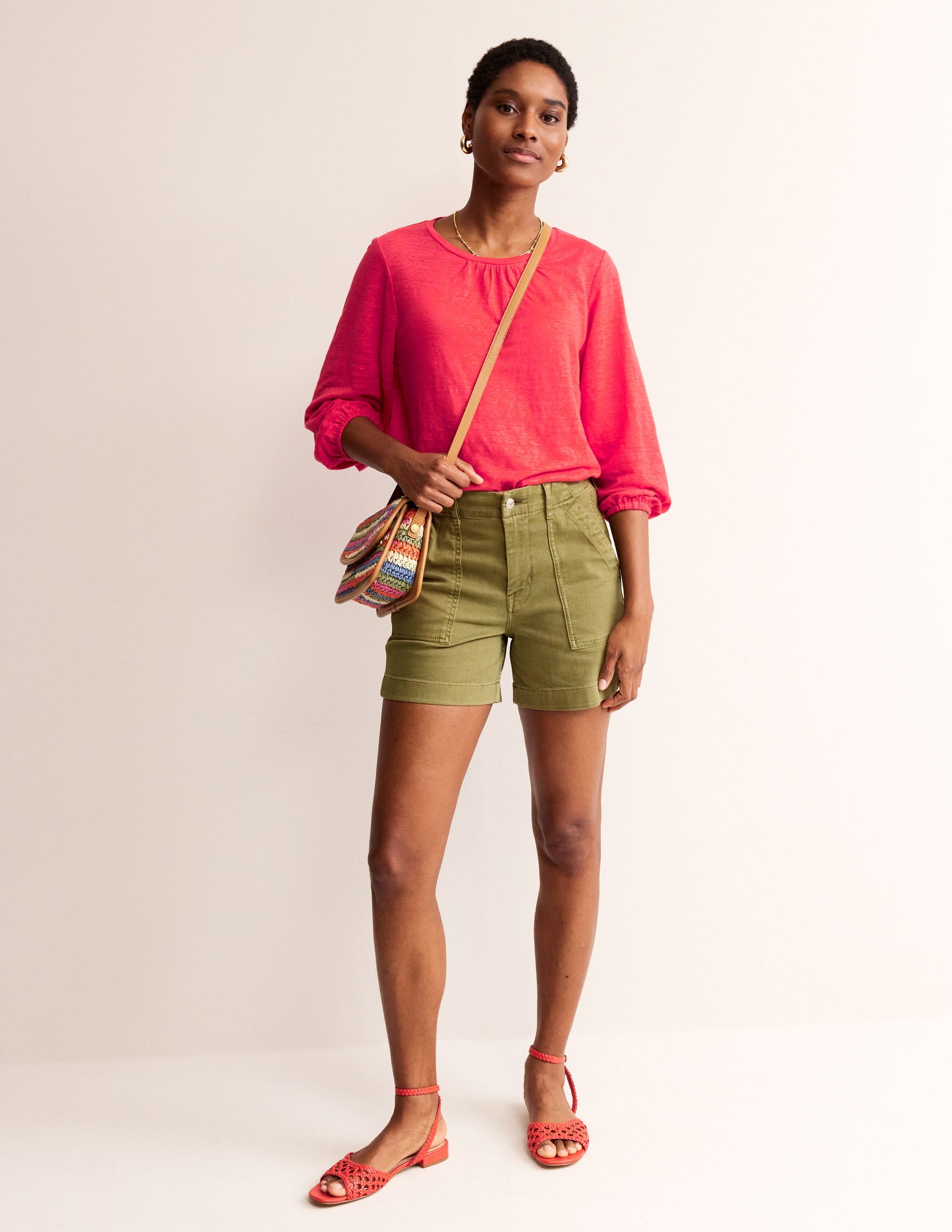 Gathered Neck Linen Jersey Top-Hibiscus-4