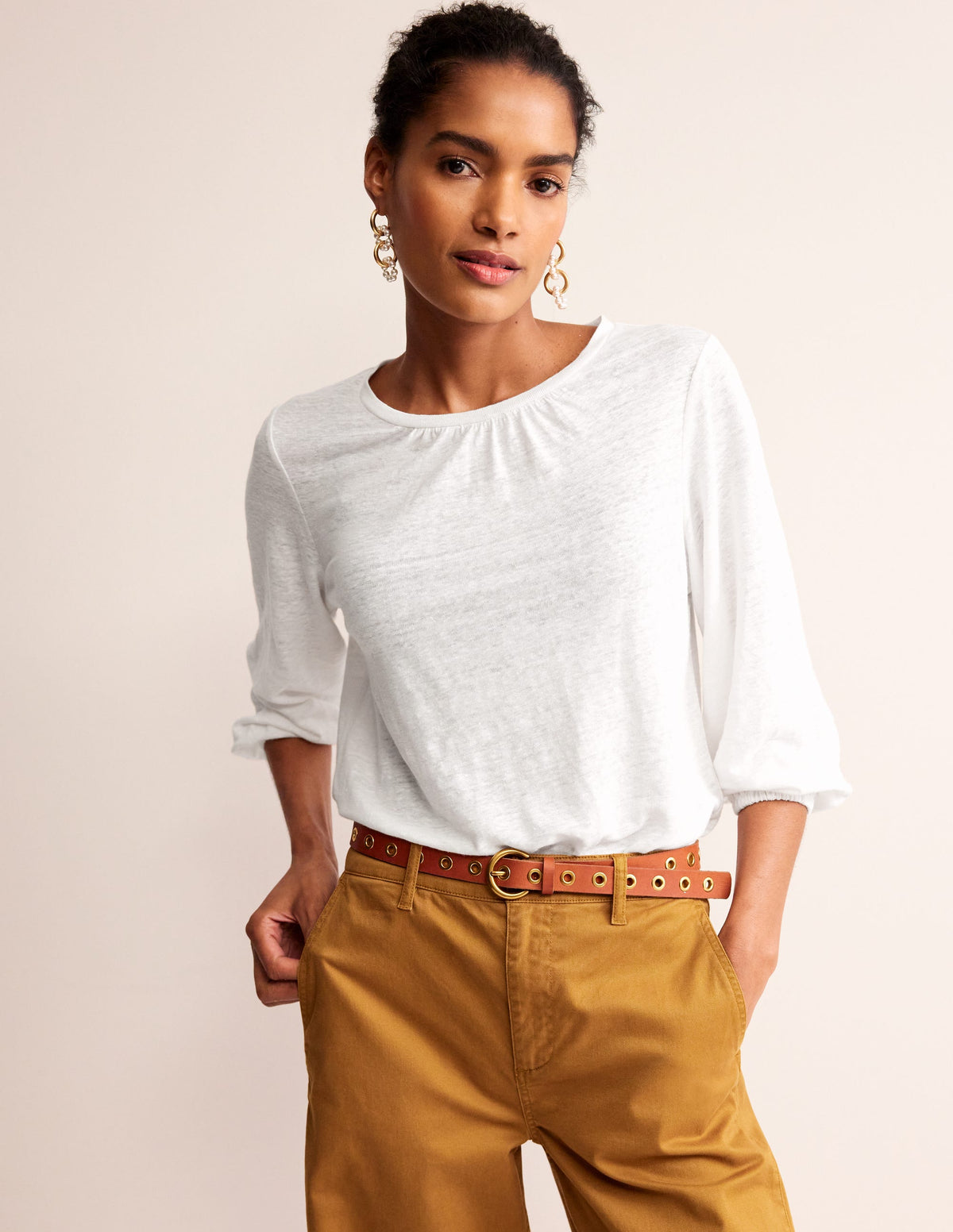 Gathered Neck Linen Jersey Top-White - Image 1