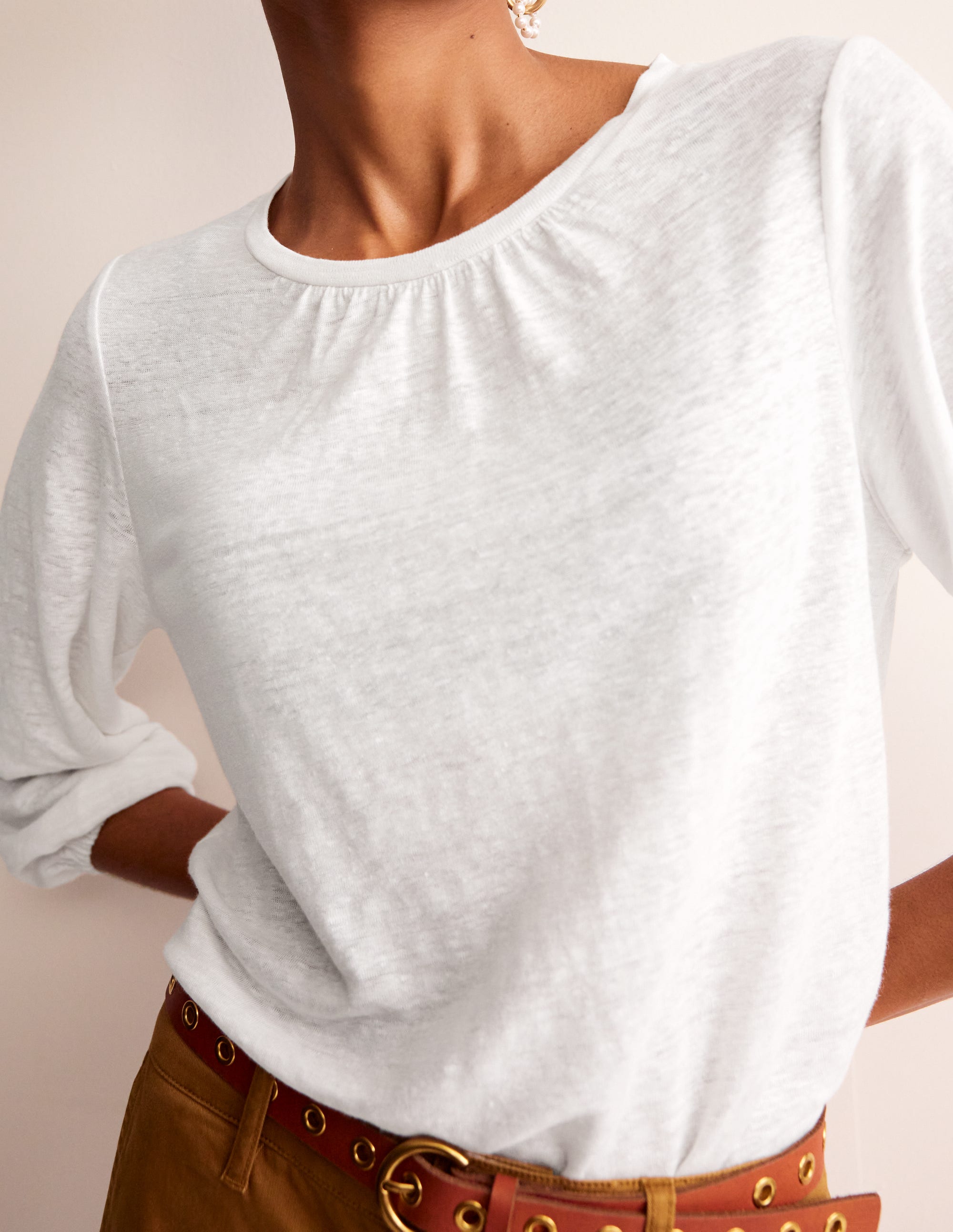 Gathered Neck Linen Jersey Top-White - Image 2