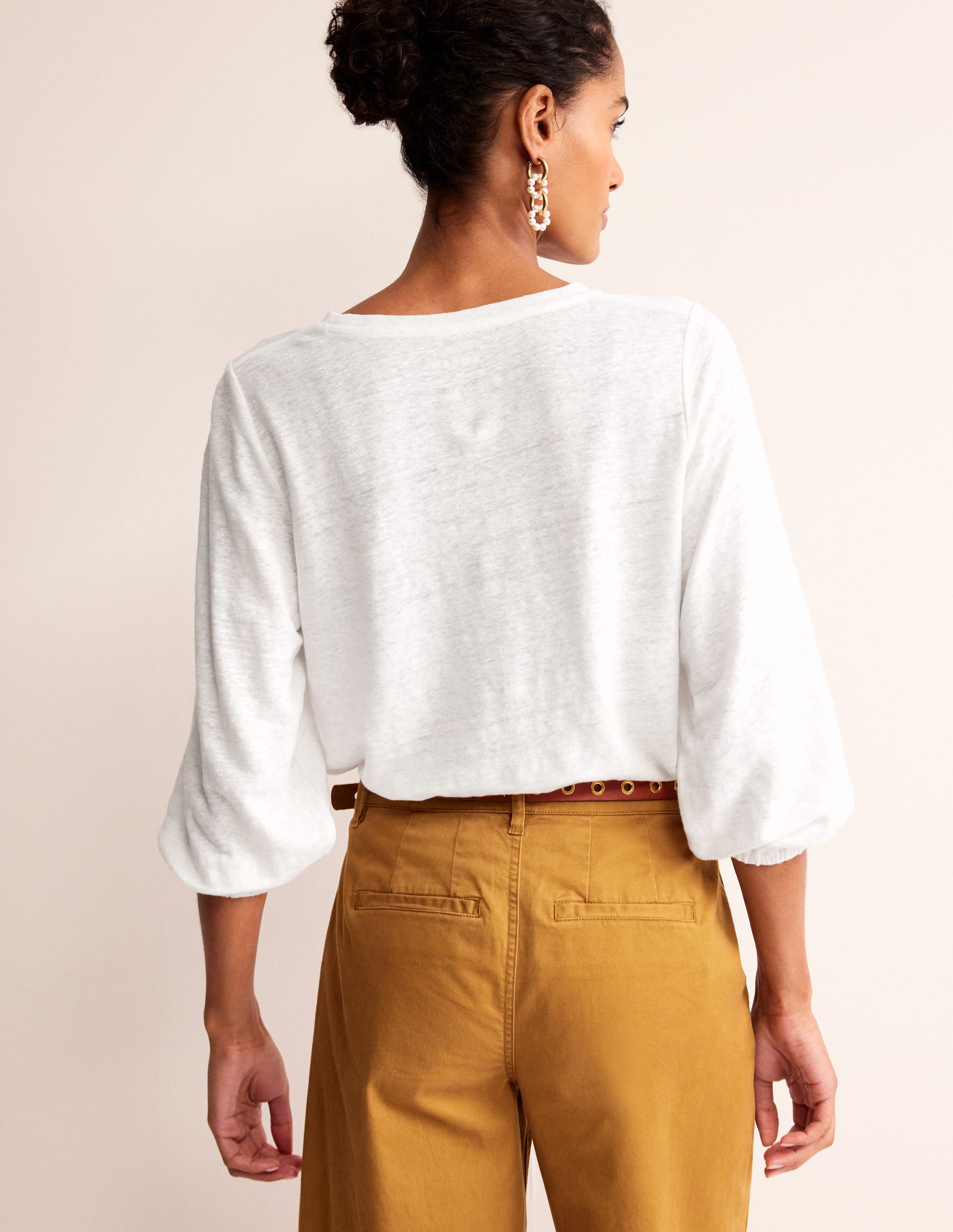 Gathered Neck Linen Jersey Top-White-3