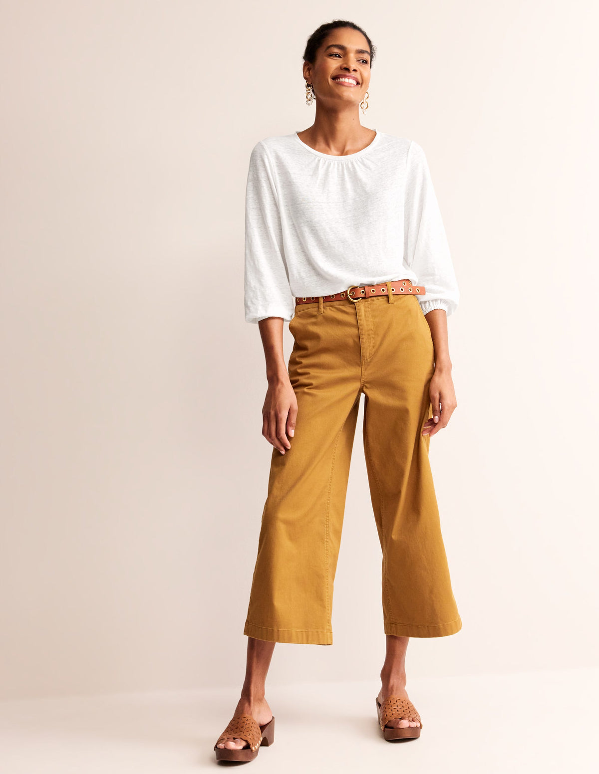 Gathered Neck Linen Jersey Top-White-4