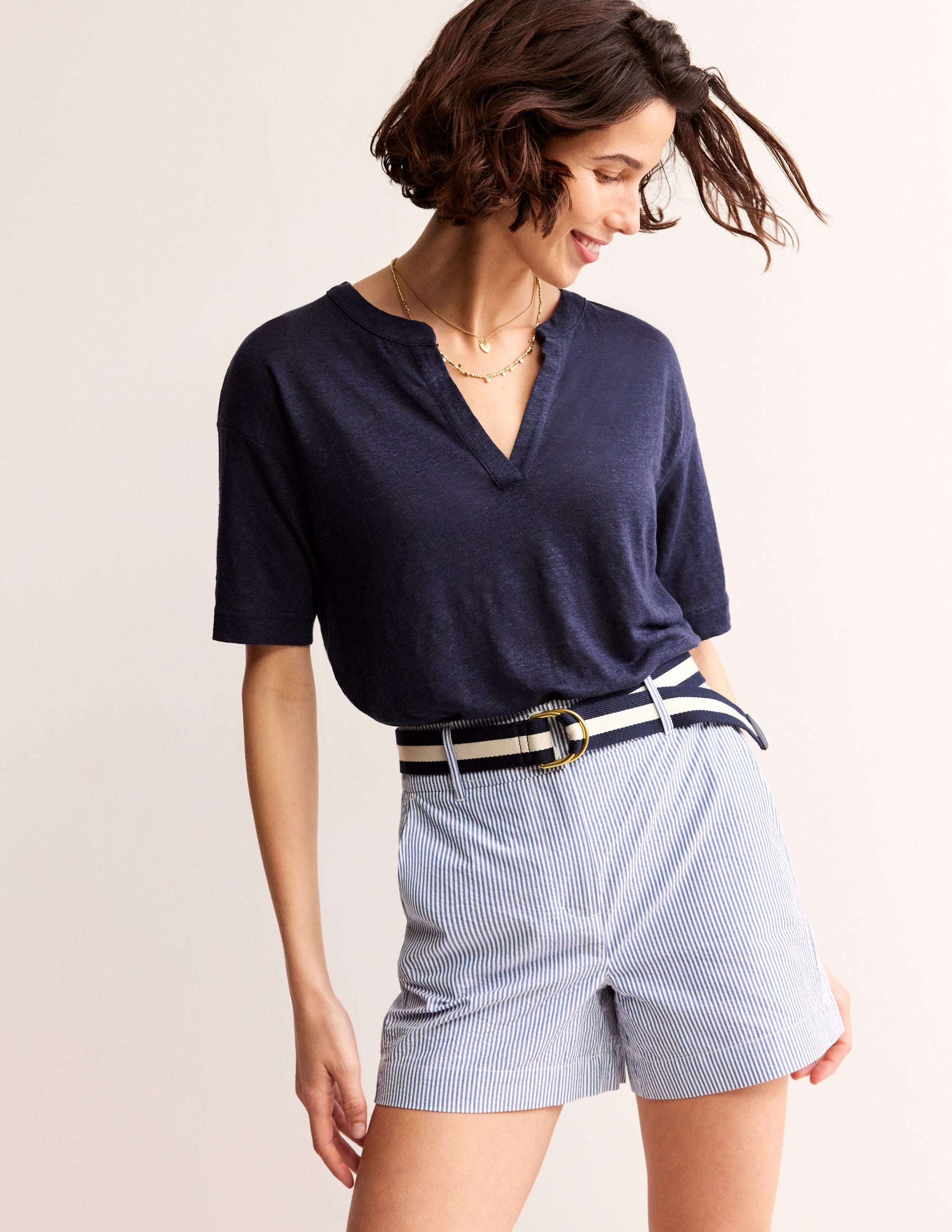 Notch Neck Linen Henley Top-Navy-1