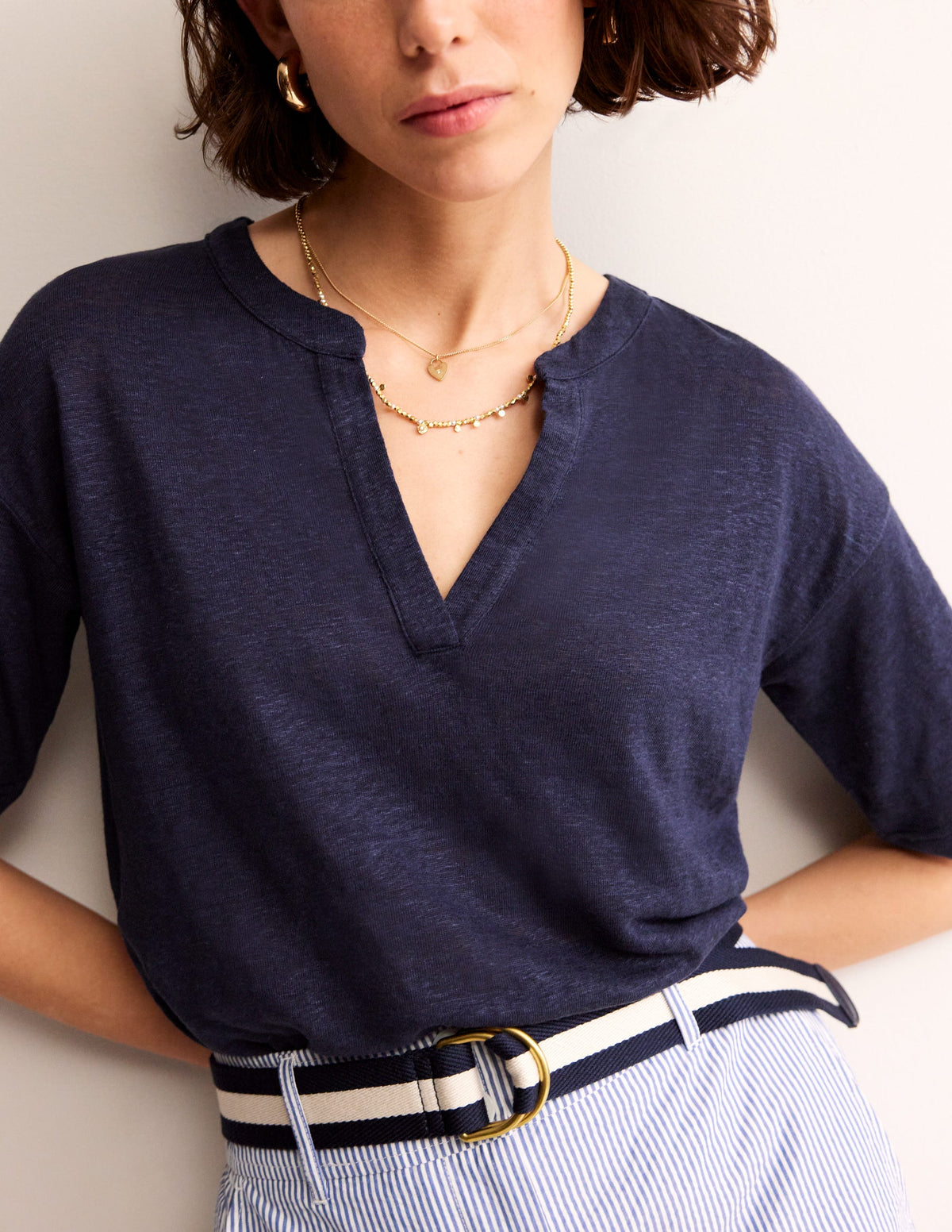 Notch Neck Linen Henley Top-Navy - Image 2